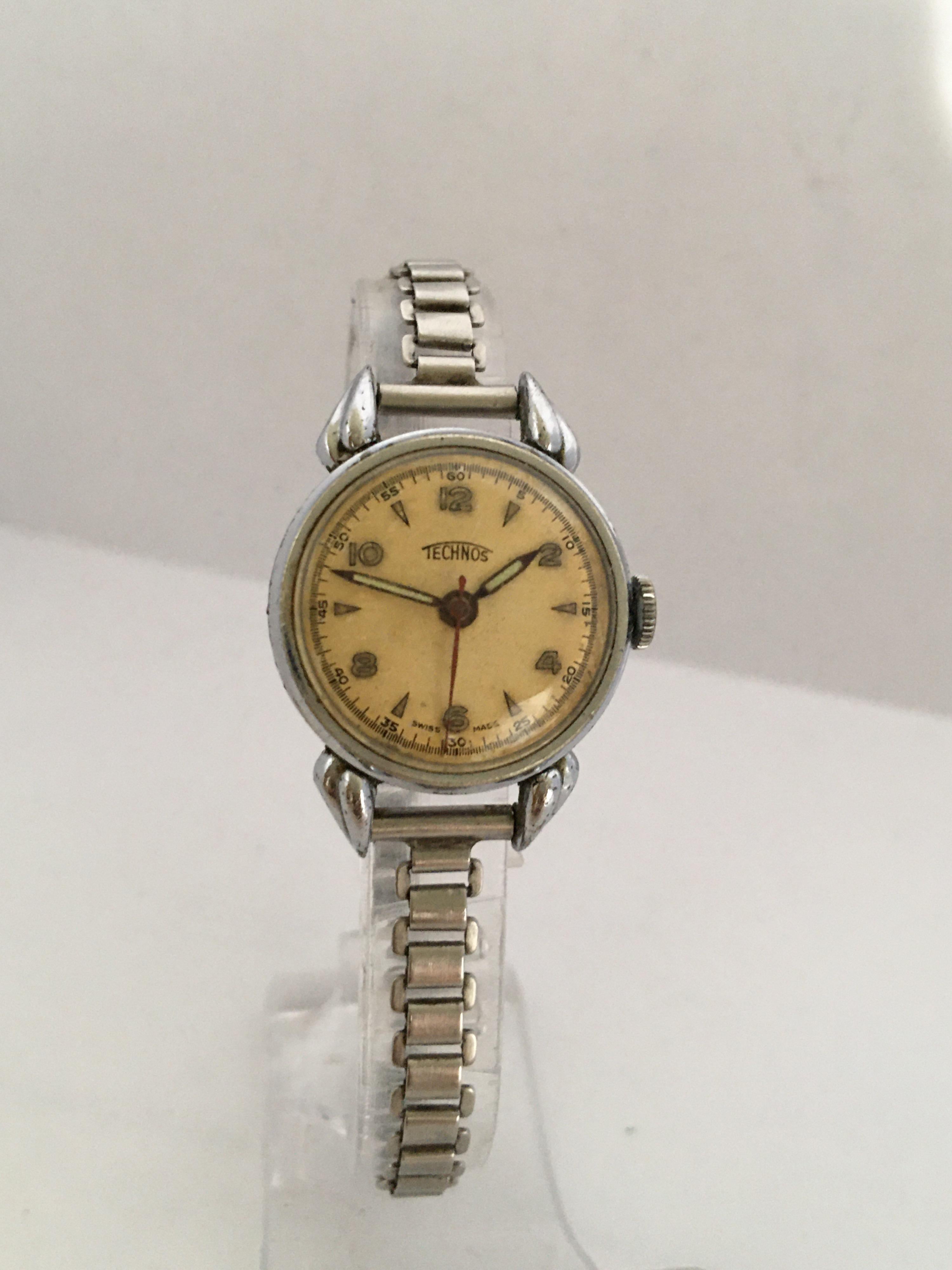 This beautiful pre-owned mechanical technos ladies watch is in good working condition and it is ticking well. Visible signs of ageing and wear with tiny scratches and tarnish on the silver plated watch case.

Please study the images carefully as