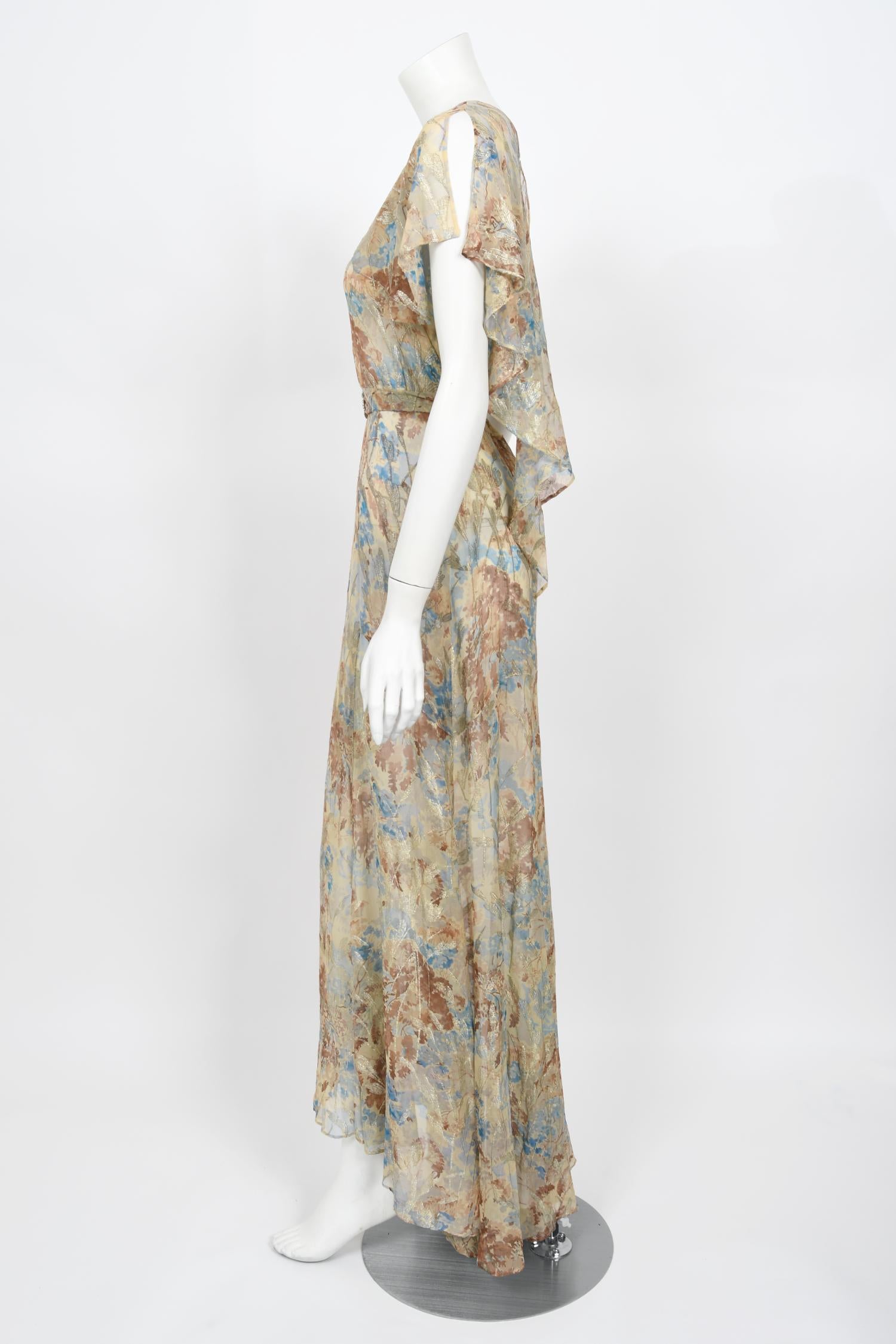 Vintage 1930's Metallic Floral Semi-Sheer Lamé Silk Capelet Drape Belted Gown For Sale 6