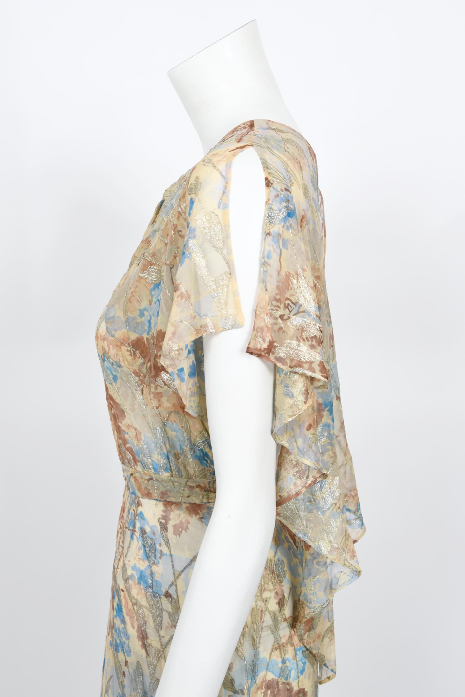 Vintage 1930's Metallic Floral Semi-Sheer Lamé Seide Capelet Drape Belted Kleid im Angebot 7