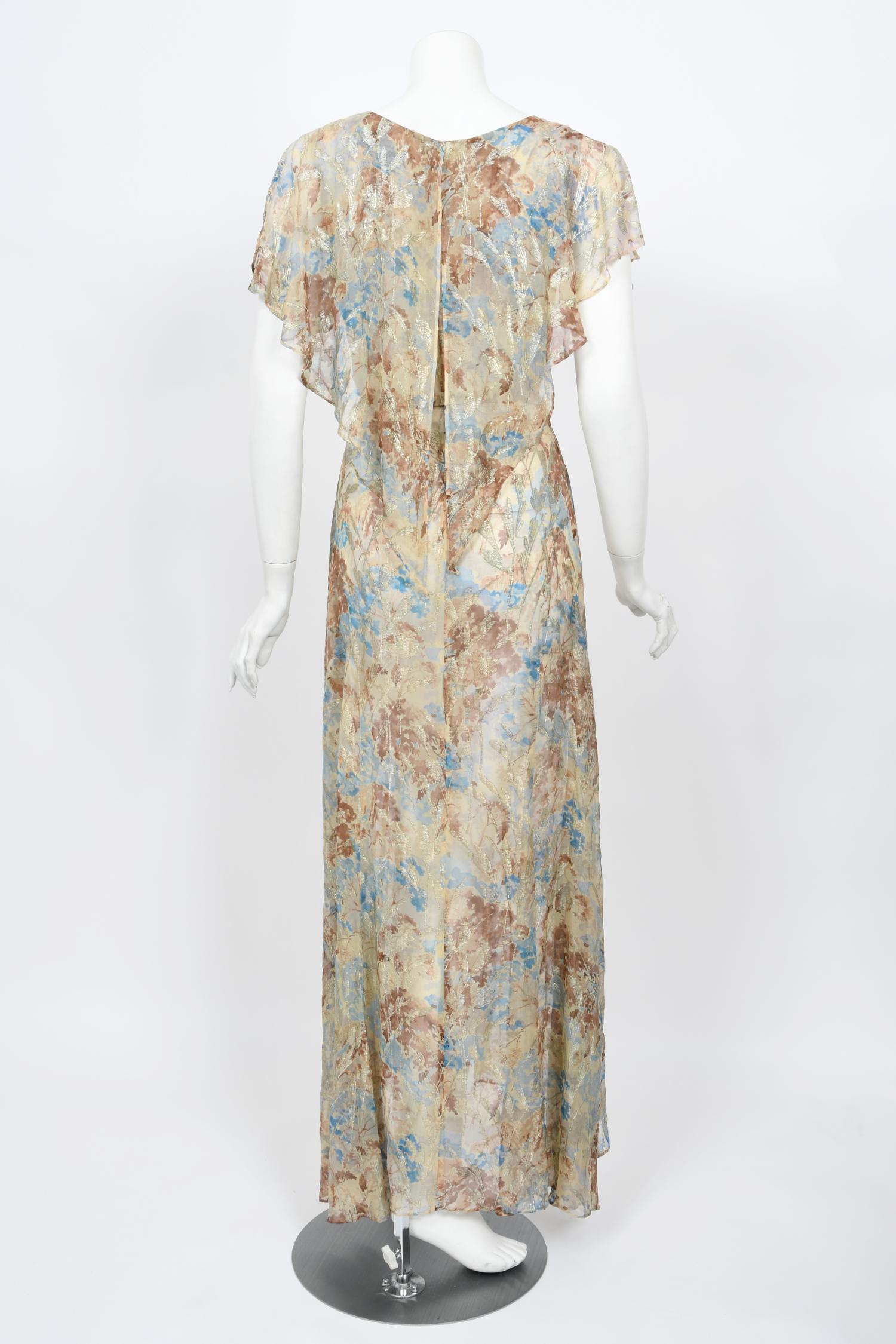 Vintage 1930's Metallic Floral Semi-Sheer Lamé Silk Capelet Drape Belted Gown For Sale 8