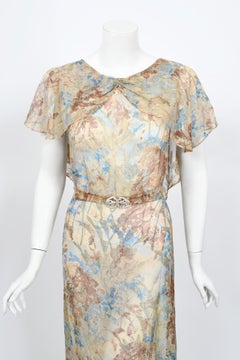 1930's Metallic Floral Semi-Sheer Lamé Silk Capelet Drape Belted Couture Gown