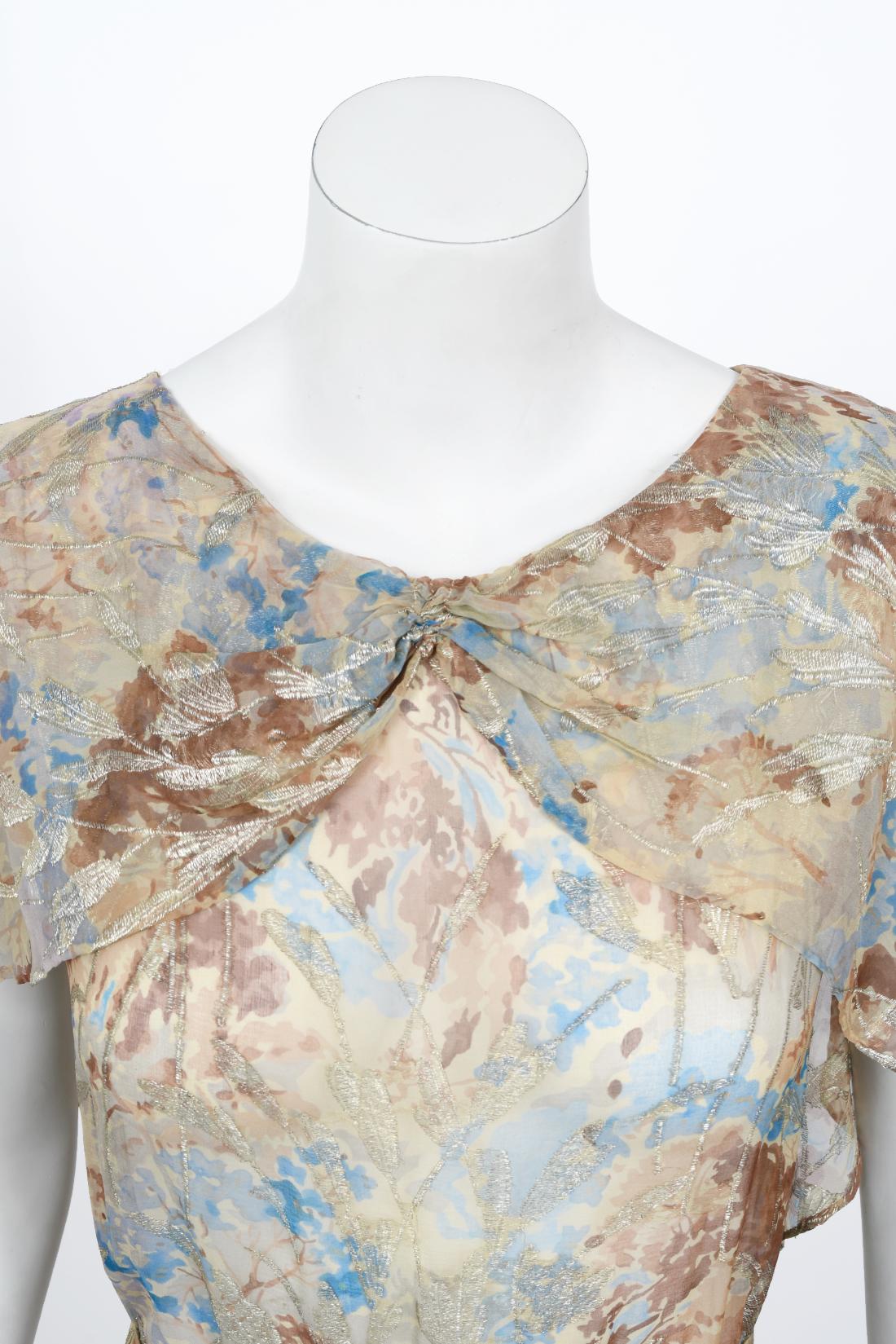 Vintage 1930's Metallic Floral Semi-Sheer Lamé Silk Capelet Drape Belted Gown In Good Condition For Sale In Beverly Hills, CA