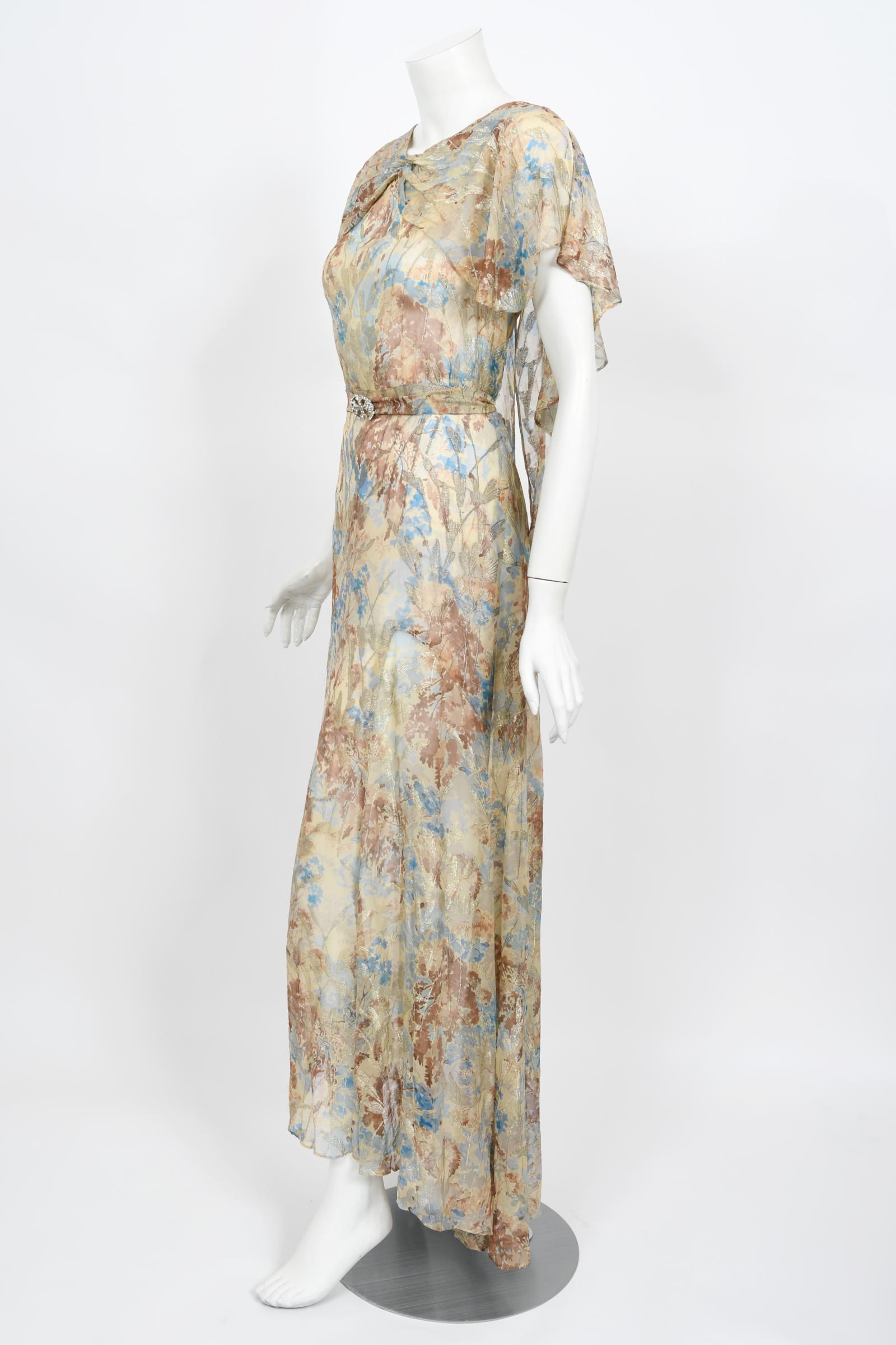 Women's Vintage 1930's Metallic Floral Semi-Sheer Lamé Silk Capelet Drape Belted Gown For Sale