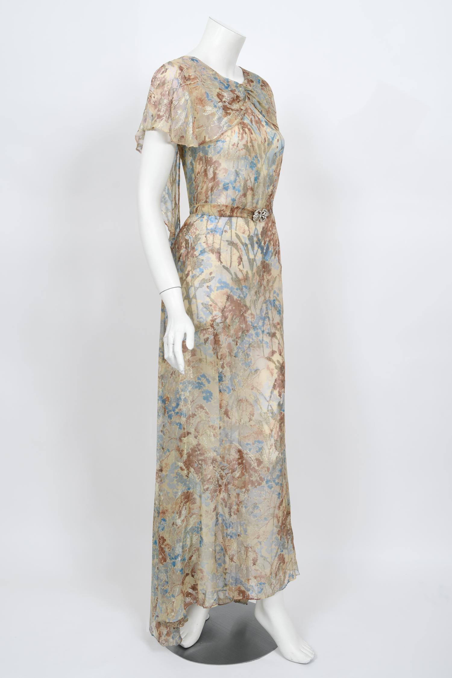 Vintage 1930's Metallic Floral Semi-Sheer Lamé Silk Capelet Drape Belted Gown For Sale 3