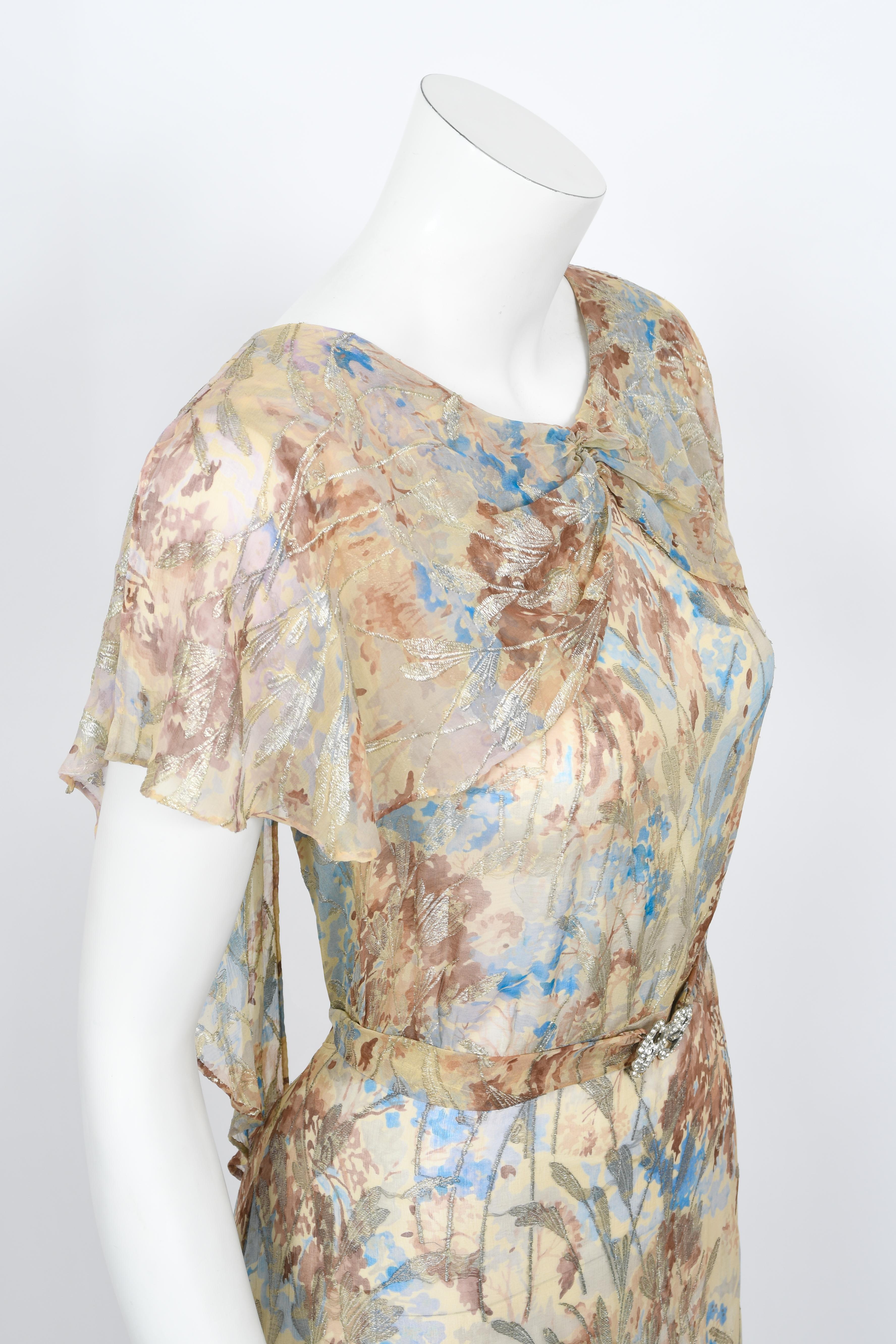 1930's Metallic Floral Semi-Sheer Lamé Silk Capelet Drape Belted Couture Gown For Sale 4