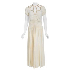 Vintage 1930's Metallic Gold Corded Cut-Out Ivory Silk Jersey Bias-Cut Deco Gown