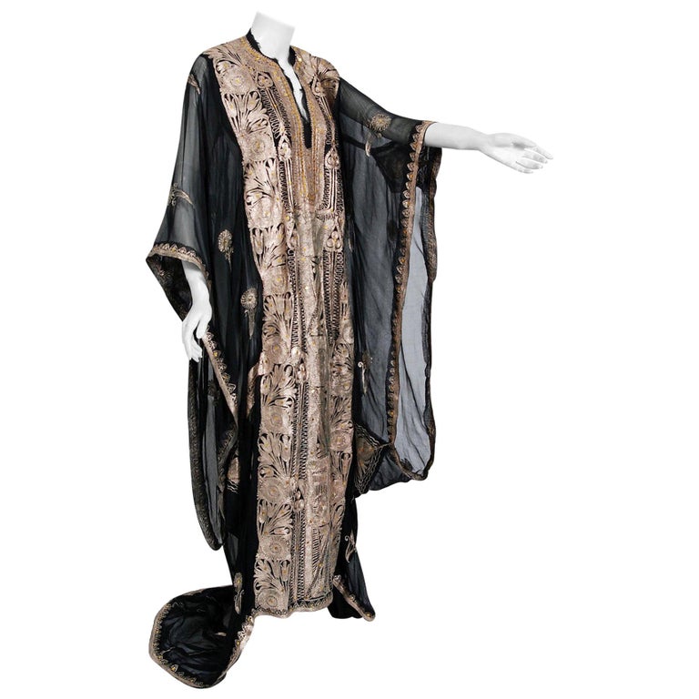 Vintage 1930's Metallic Gold Embroidered Sheer Black Silk-Chiffon Couture Caftan For Sale