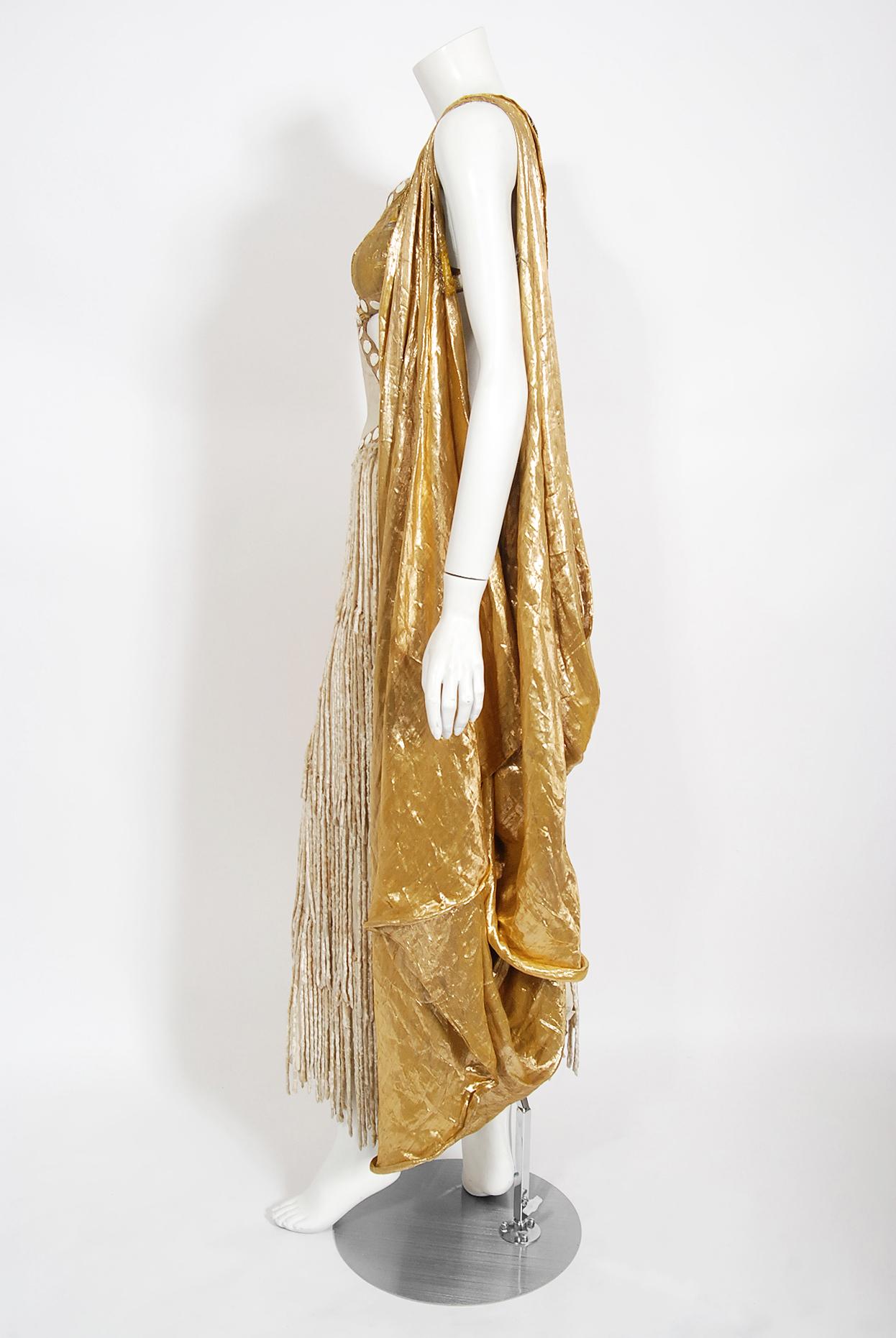 Brown Vintage 1930's Metallic Gold Lamé Cut-Out Chenille Fringe Stage Costume Gown
