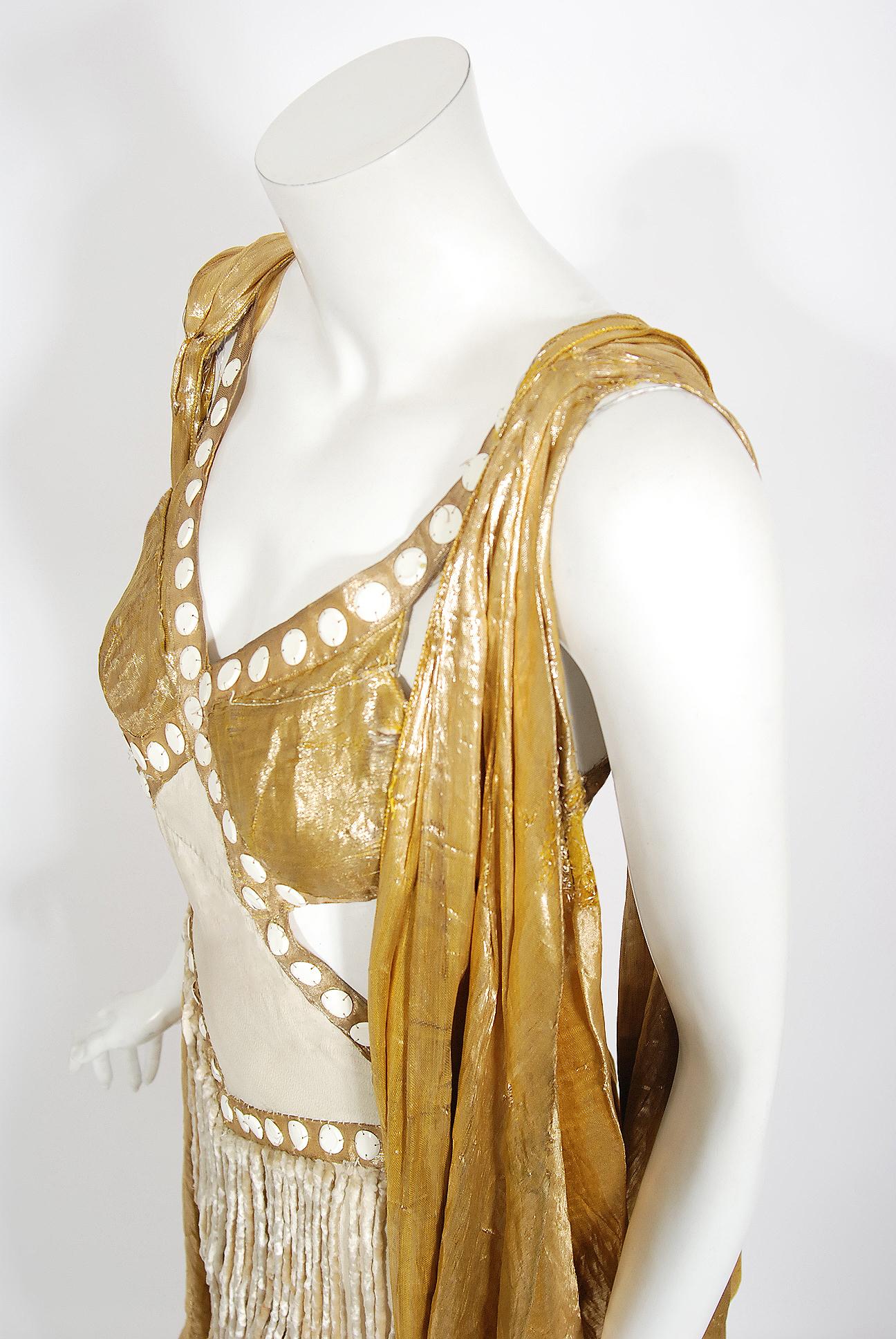 Vintage 1930's Metallic Gold Lamé Cut-Out Chenille Fringe Stage Costume Gown In Fair Condition In Beverly Hills, CA