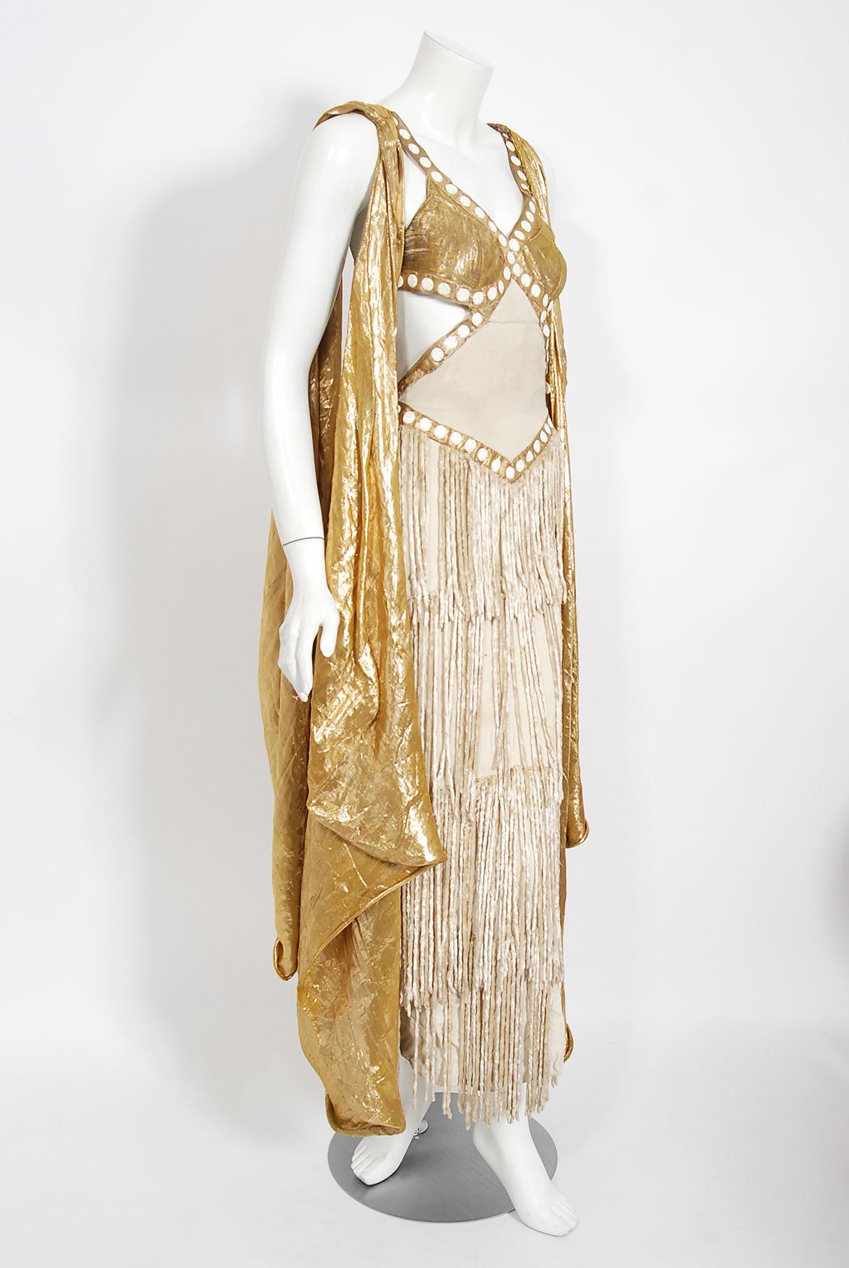 Women's Vintage 1930's Metallic Gold Lamé Cut-Out Chenille Fringe Stage Costume Gown