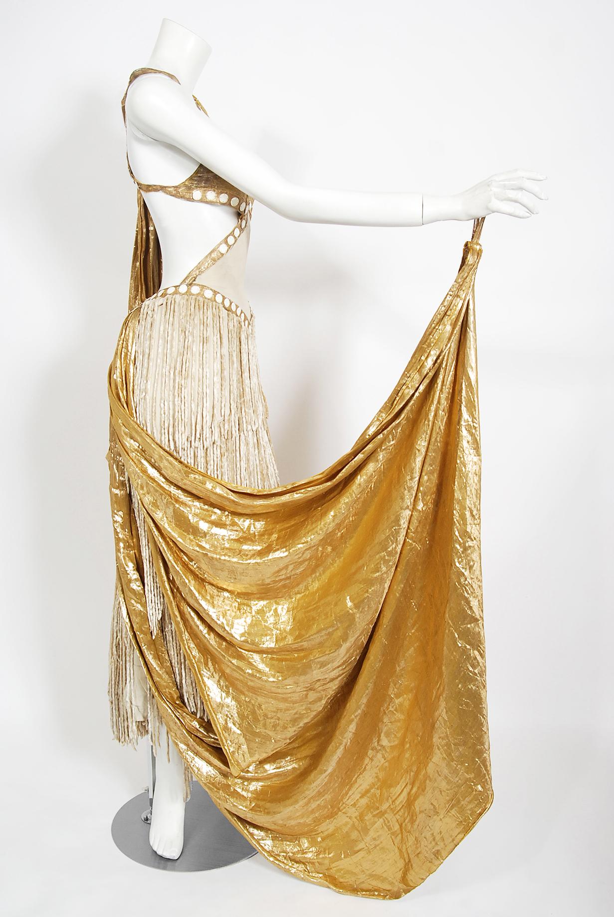 Vintage 1930's Metallic Gold Lamé Cut-Out Chenille Fringe Stage Costume Gown 1