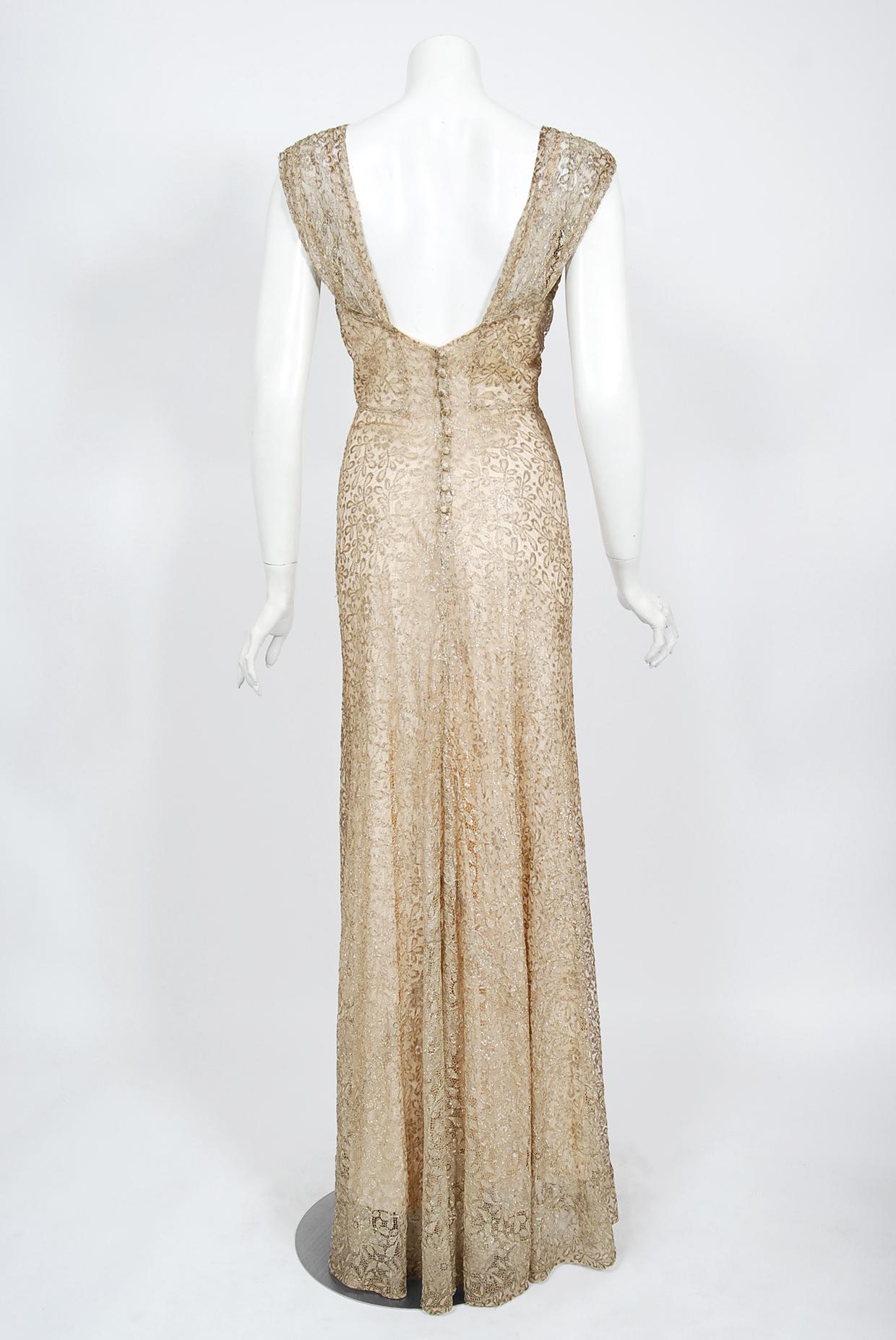 Vintage 1930er Jahre Metallic Gold Lam Spitze Nude Illusion Bias-Cut Old Hollywood Kleid 6