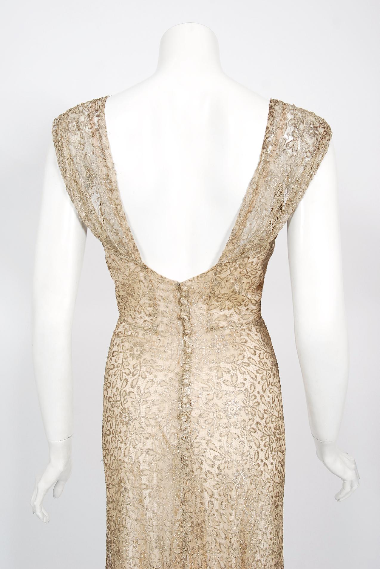 Vintage 1930er Jahre Metallic Gold Lam Spitze Nude Illusion Bias-Cut Old Hollywood Kleid 7