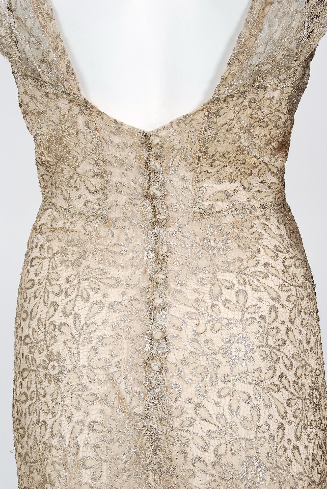 Vintage 1930er Jahre Metallic Gold Lam Spitze Nude Illusion Bias-Cut Old Hollywood Kleid 8