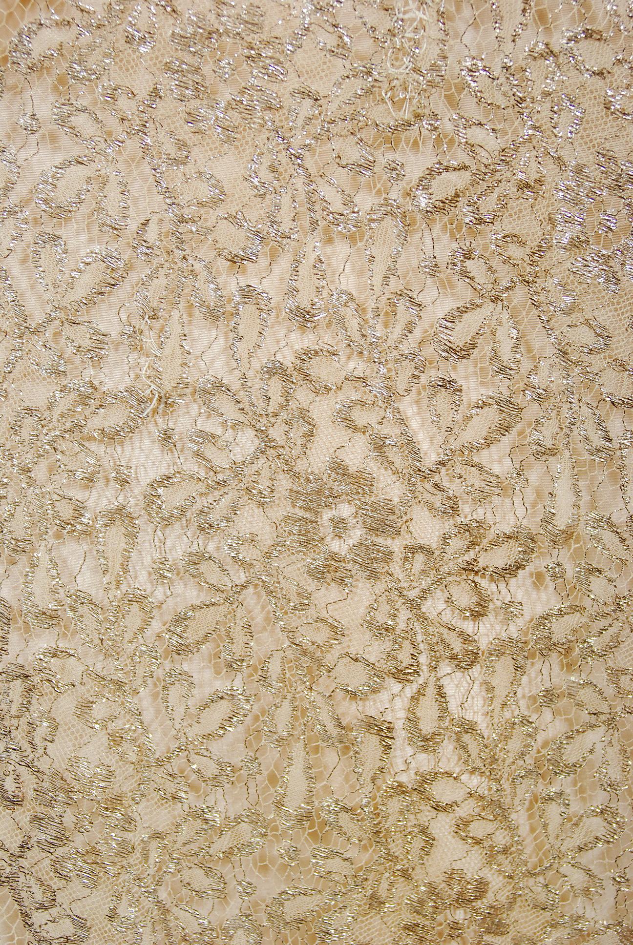 Vintage 1930er Jahre Metallic Gold Lam Spitze Nude Illusion Bias-Cut Old Hollywood Kleid 2