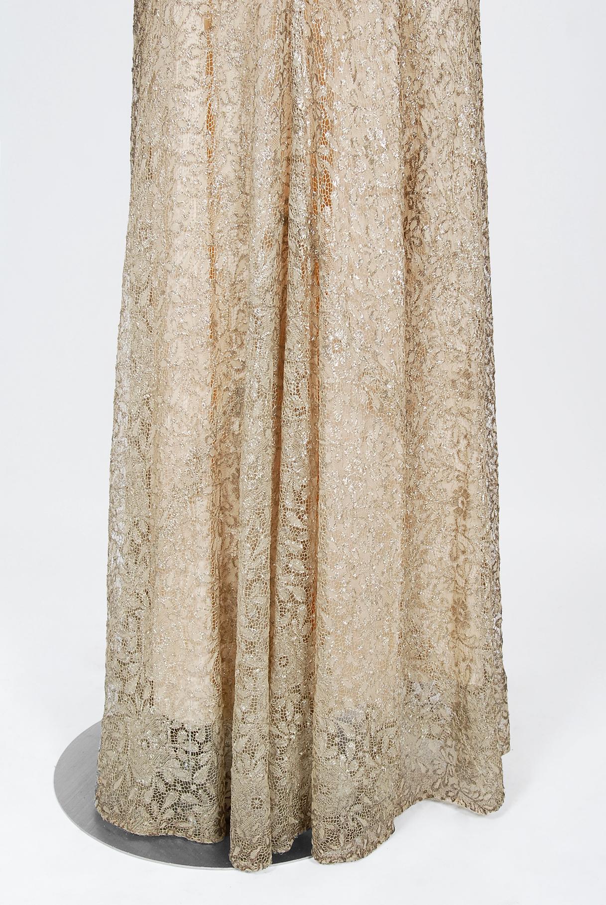 Vintage 1930er Jahre Metallic Gold Lam Spitze Nude Illusion Bias-Cut Old Hollywood Kleid 3