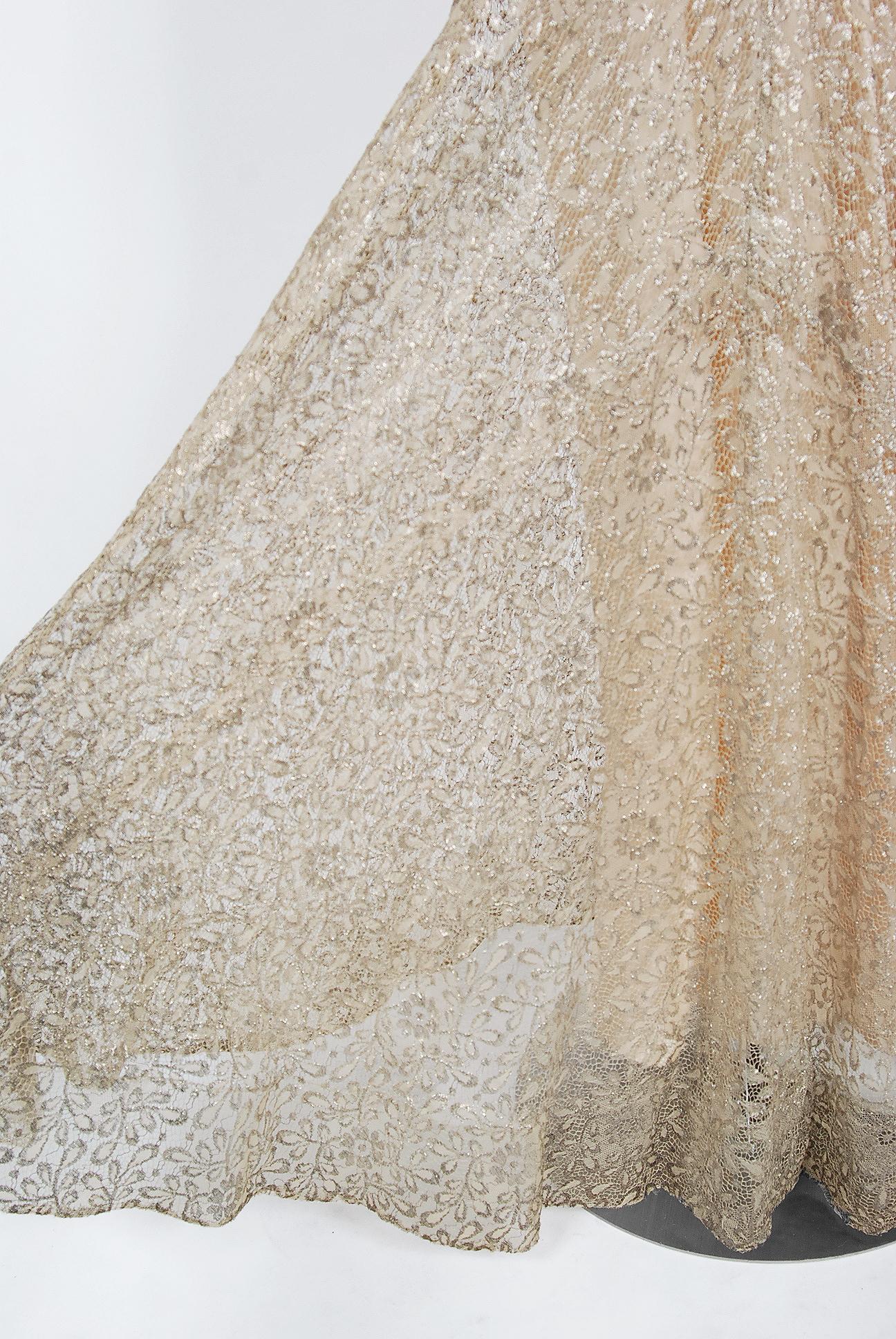 Vintage 1930er Jahre Metallic Gold Lam Spitze Nude Illusion Bias-Cut Old Hollywood Kleid 4