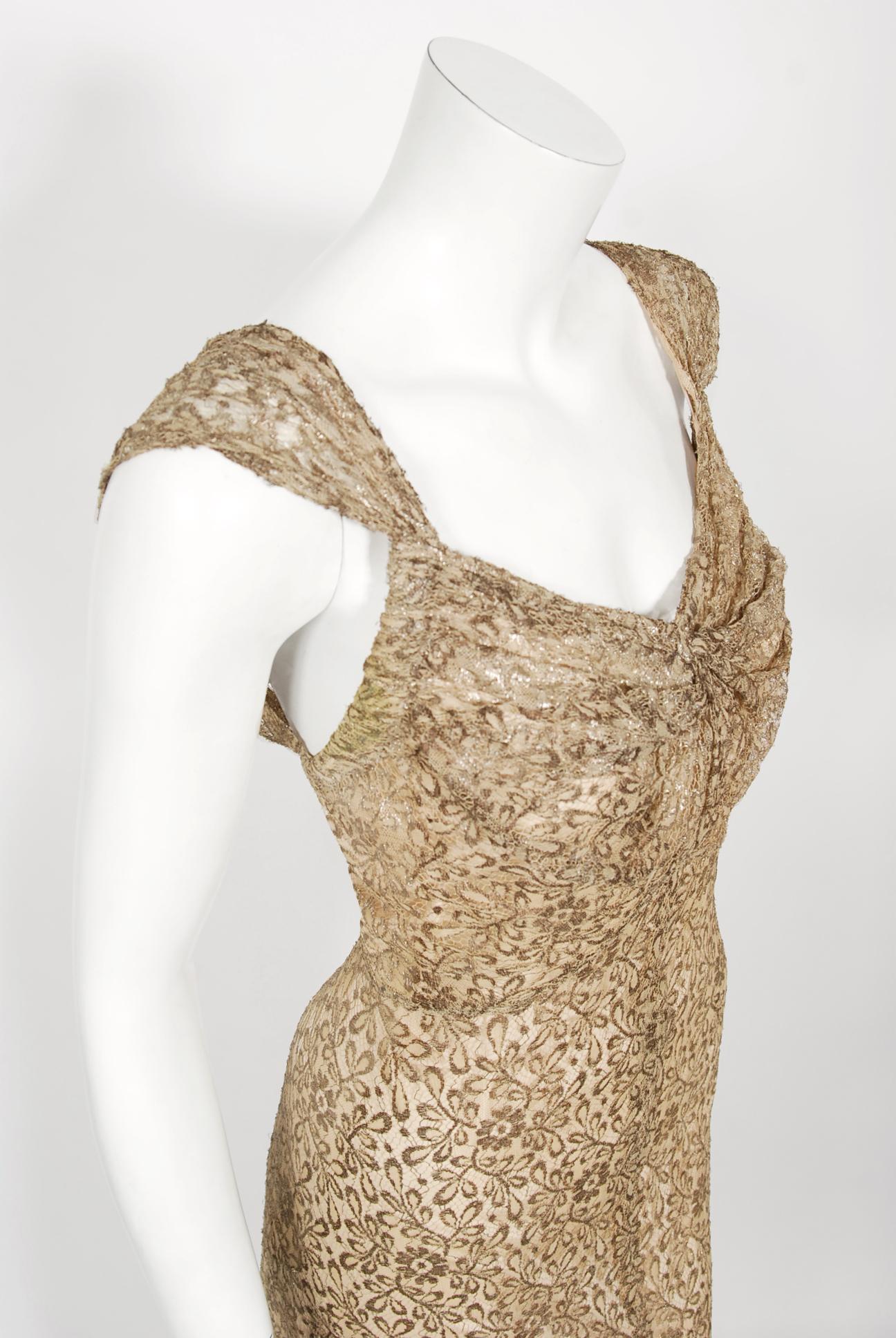 Vintage 1930er Jahre Metallic Gold Lam Spitze Nude Illusion Bias-Cut Old Hollywood Kleid 5
