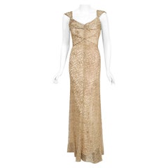 Vintage 1930's Metallic Gold Lamé Lace Nude Illusion Bias-Cut Old Hollywood Gown