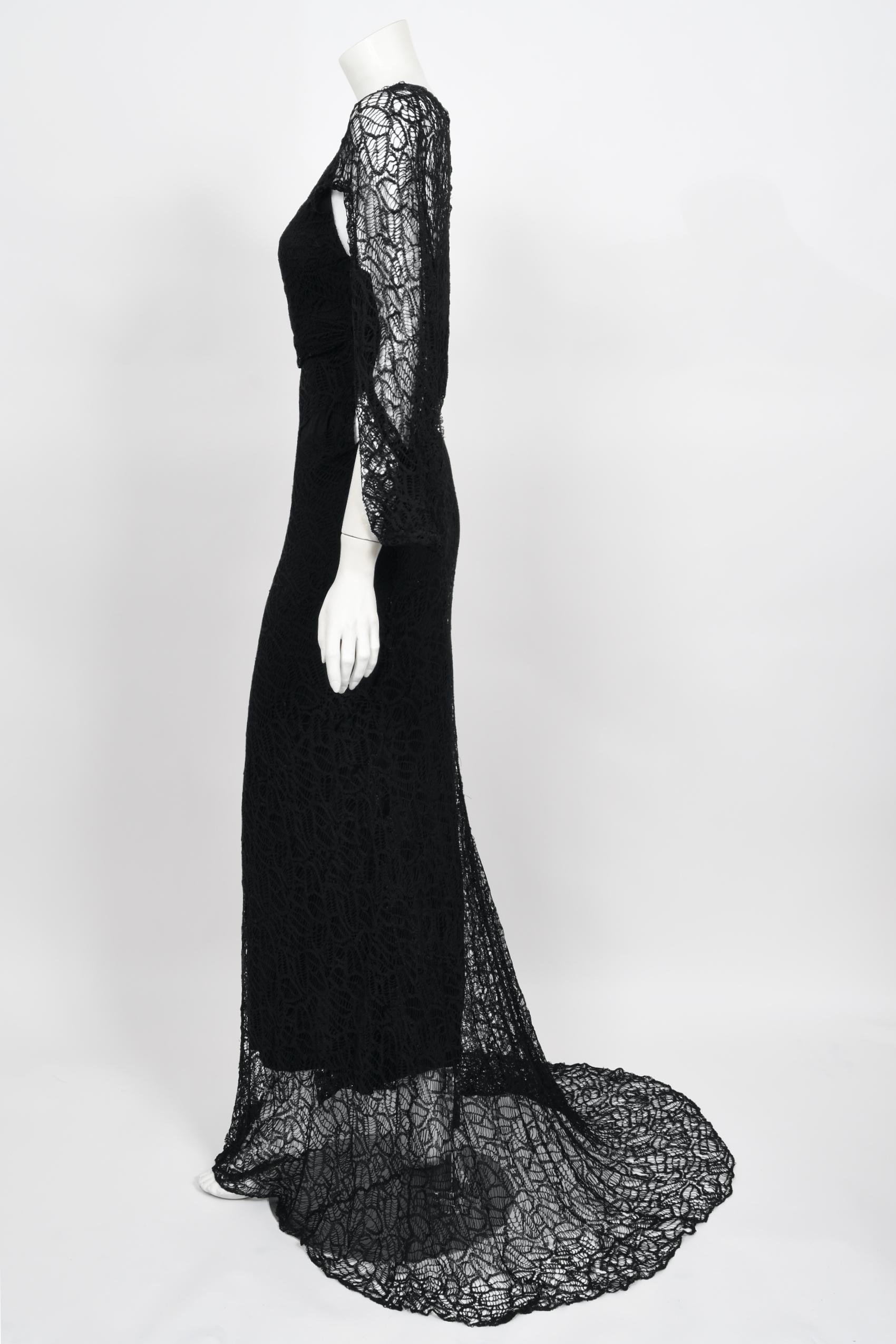 Vintage 1930's Molyneux Haute Couture Black Lace Winged Sleeve Bias-Cut Gown 6