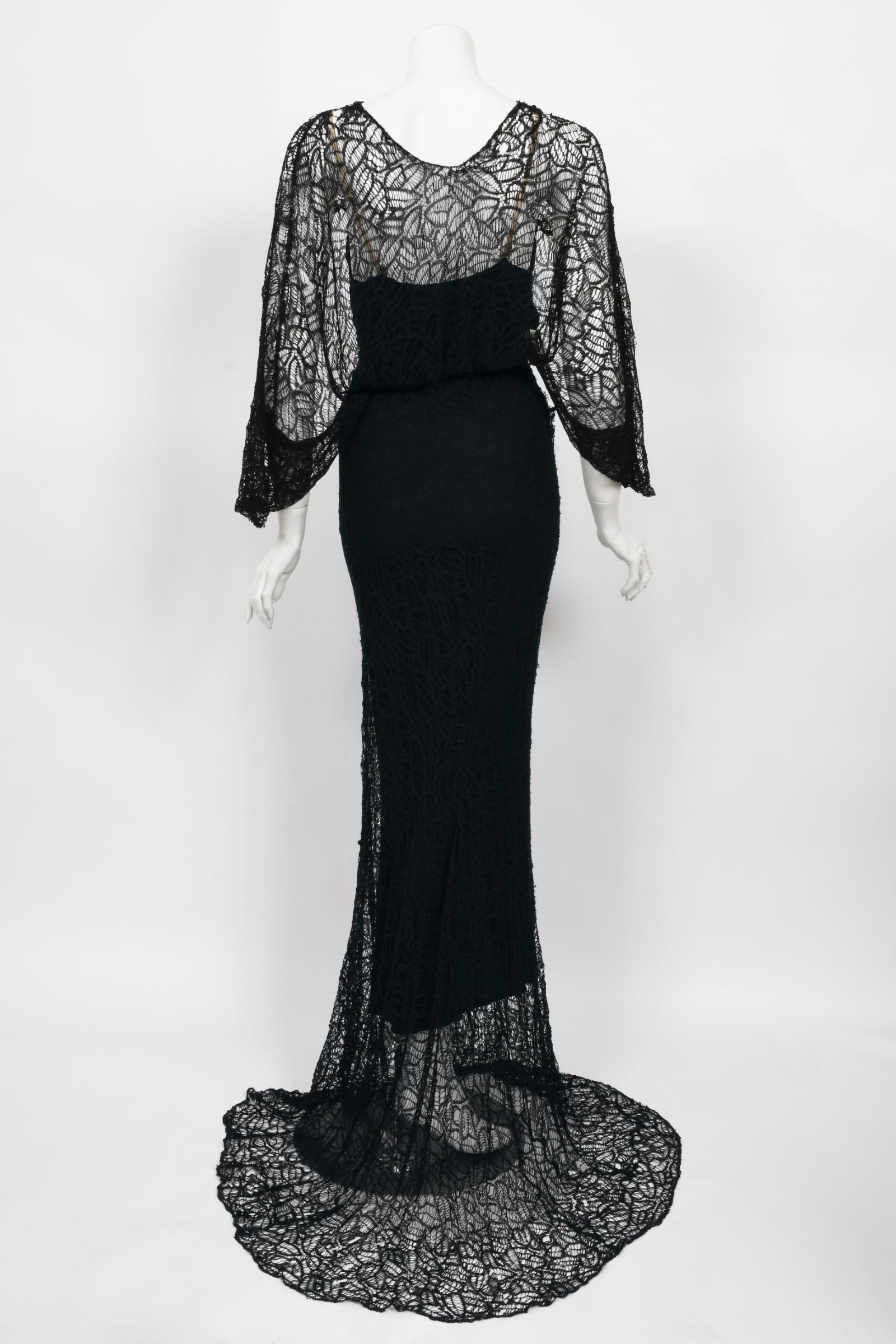 Vintage 1930's Molyneux Haute Couture Black Lace Winged Sleeve Bias-Cut Gown 8