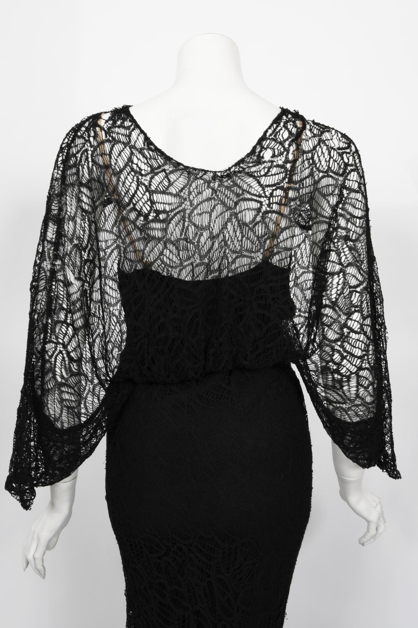 Vintage 1930's Molyneux Haute Couture Black Lace Winged Sleeve Bias-Cut Gown 9