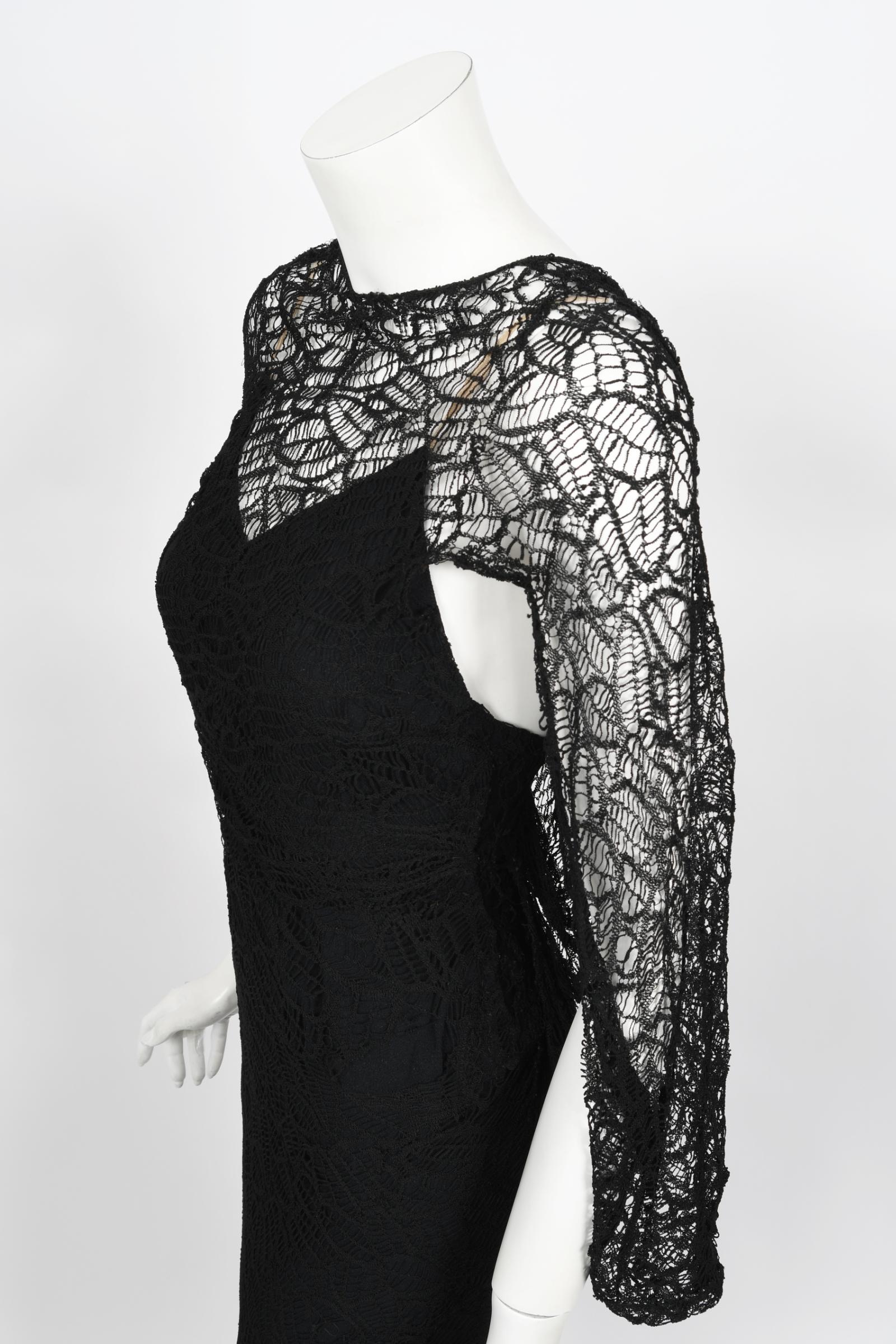 Women's Vintage 1930's Molyneux Haute Couture Black Lace Winged Sleeve Bias-Cut Gown