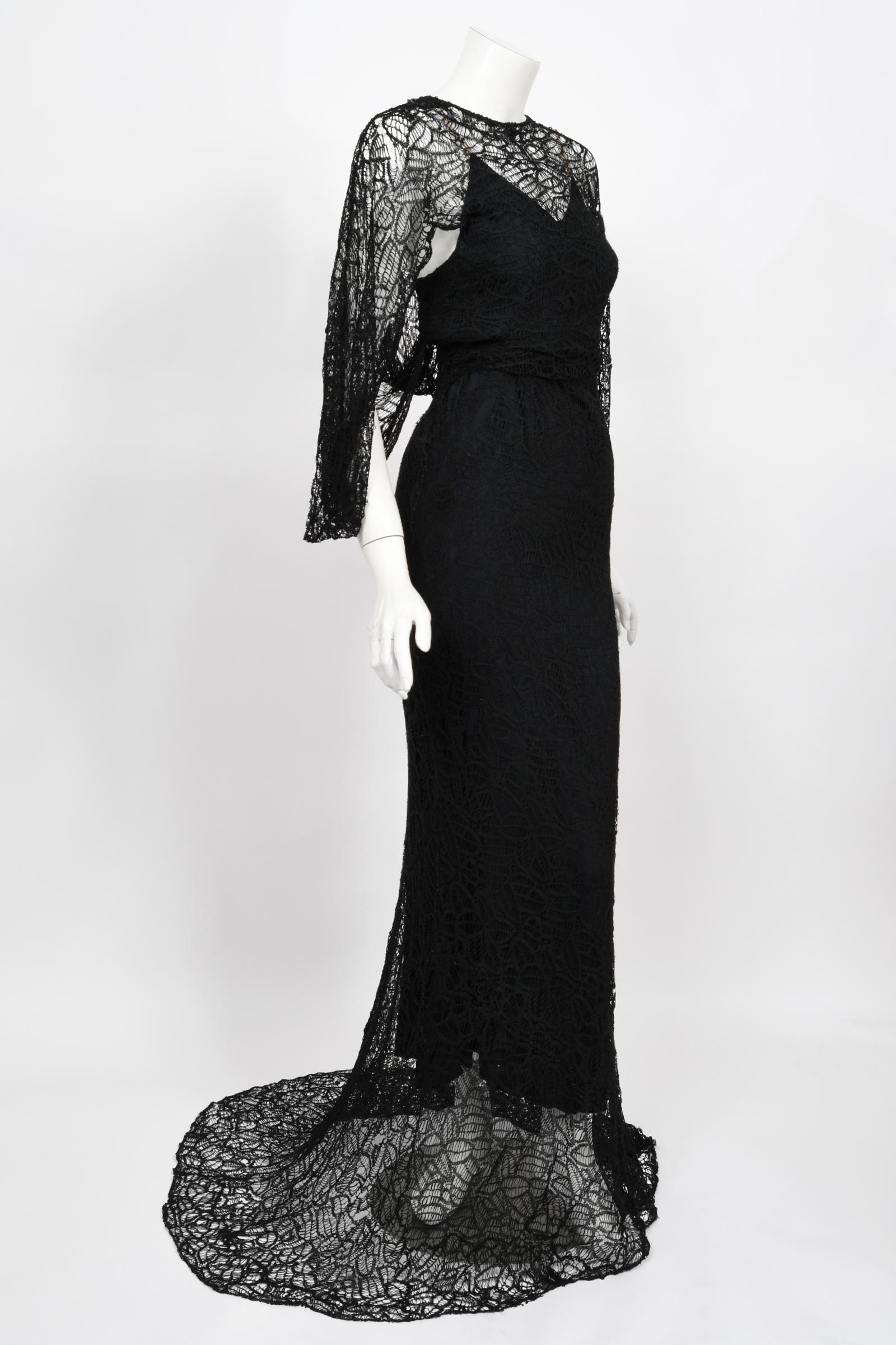 Vintage 1930's Molyneux Haute Couture Black Lace Winged Sleeve Bias-Cut Gown 2
