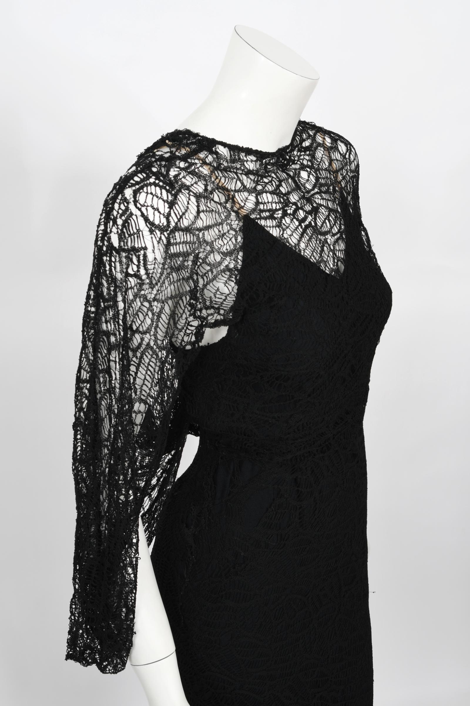 Vintage 1930's Molyneux Haute Couture Black Lace Winged Sleeve Bias-Cut Gown 3