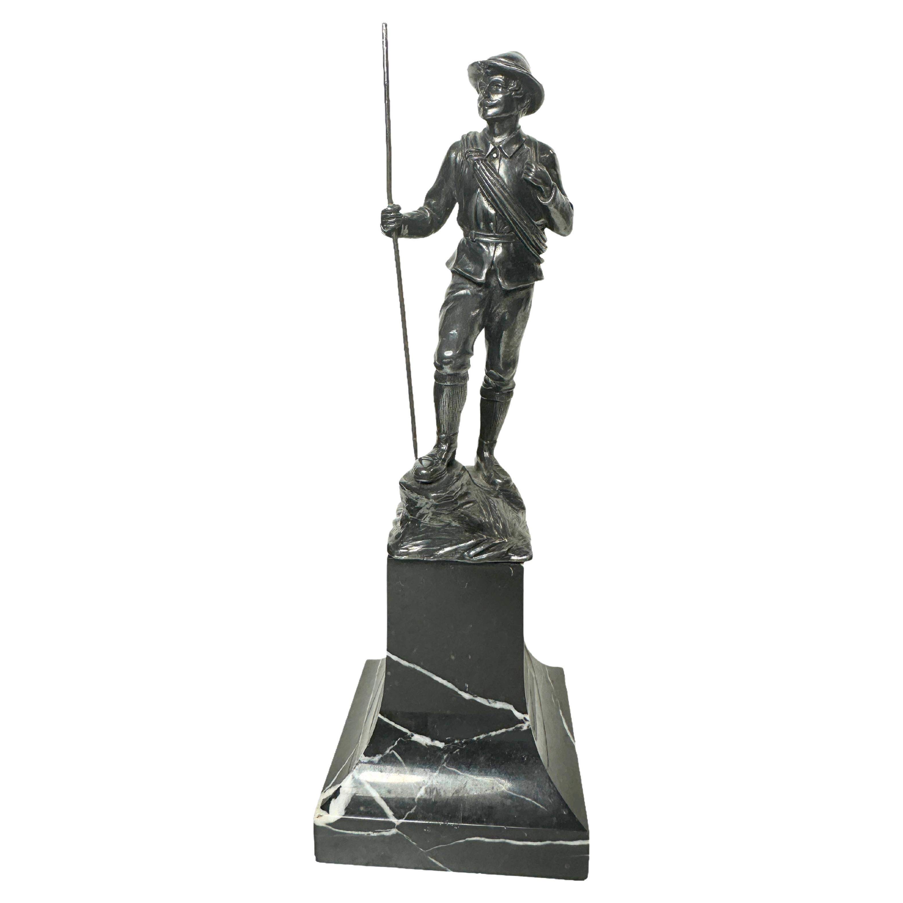 Vintage 1930s Mountain Climber on Marble Base, Metal Statue , Vintage Austria For Sale