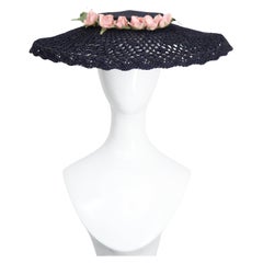 Vintage 1930's Navy Blue Sun Hat Vintage 1930's Navy Pink Floral Straw Hat