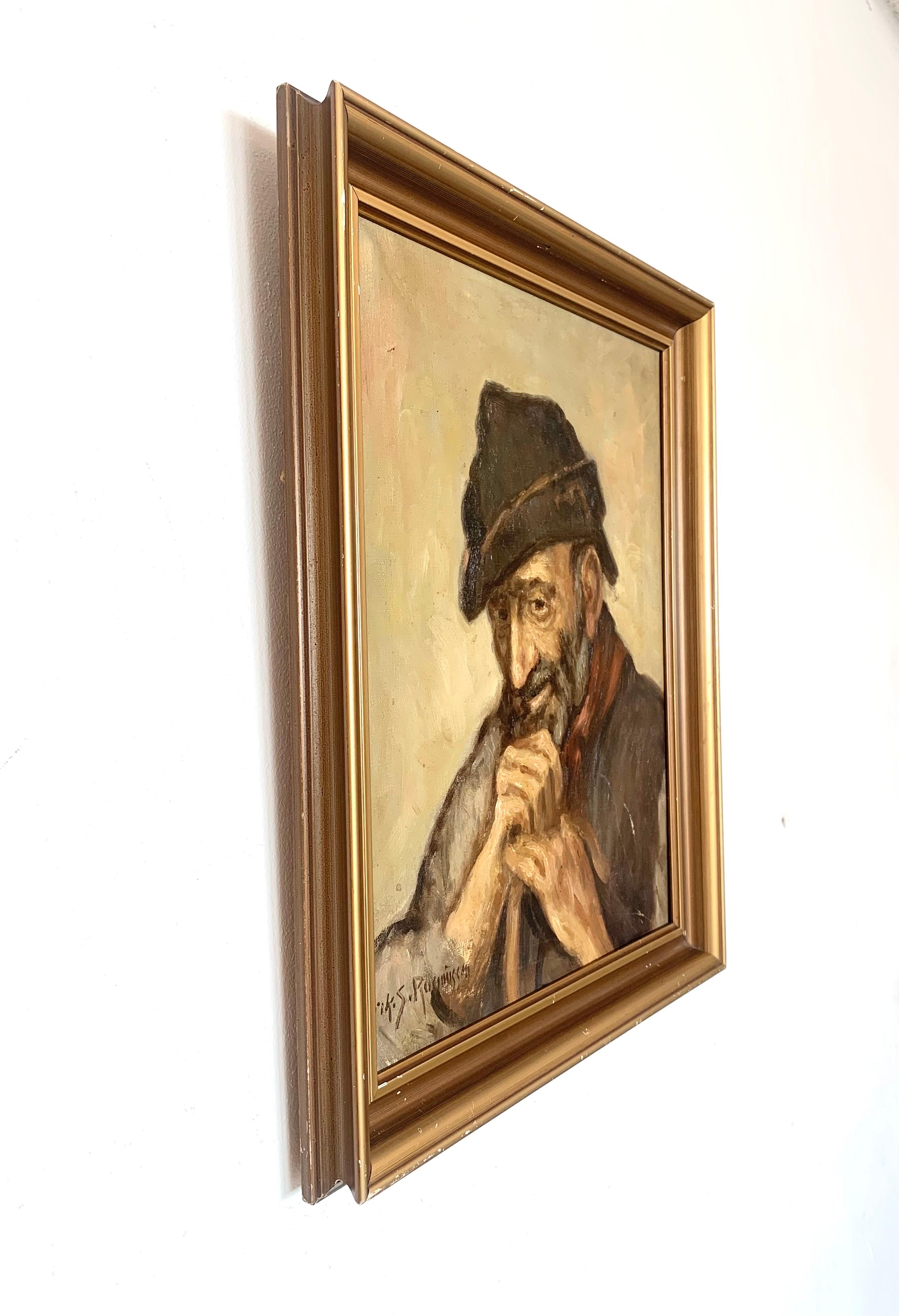 Vintage-Porträt eines Mannes mit Schilfrohr von Erik S. Rasmussen, Öl auf Leinwand, Vintage, 1930er Jahre (Art déco) im Angebot