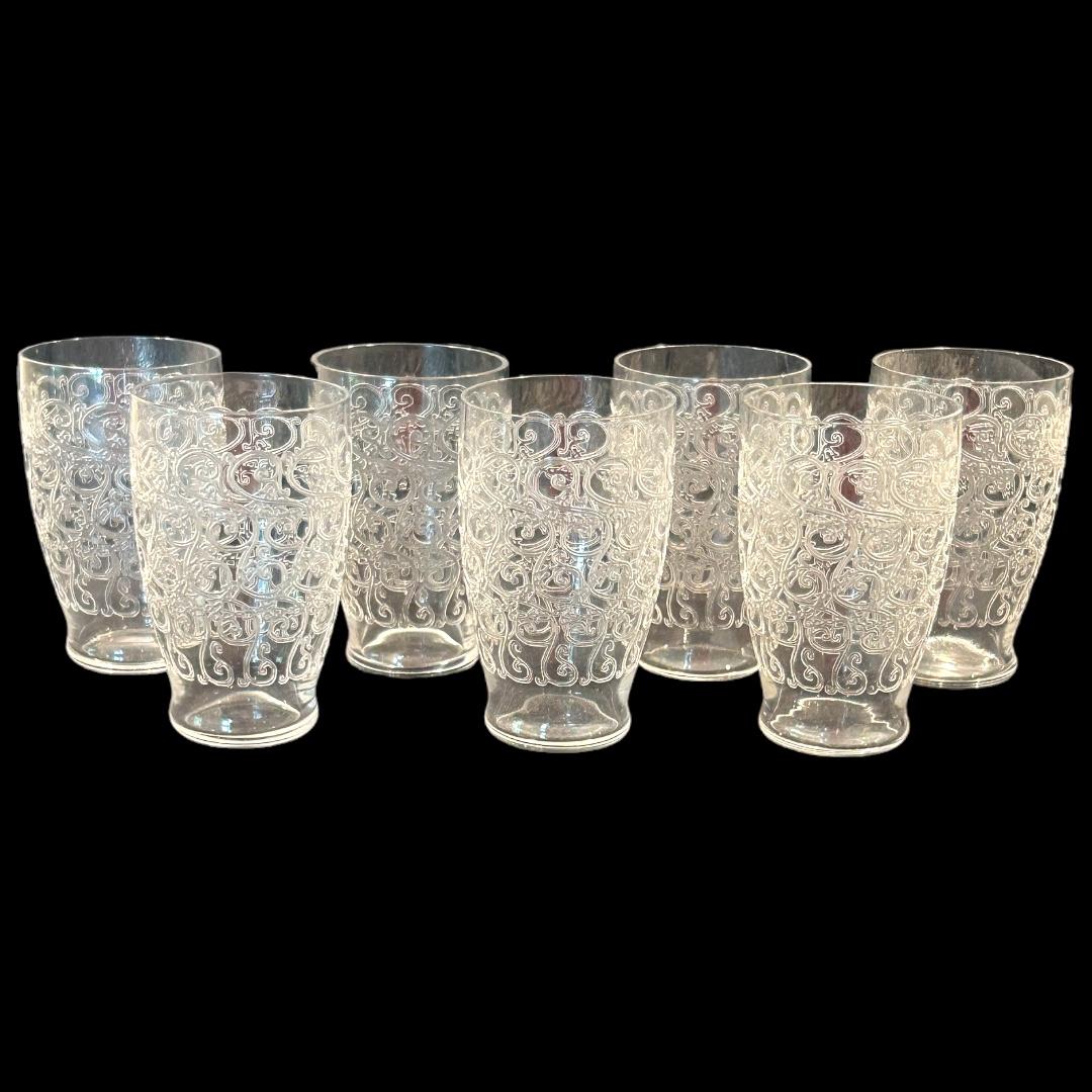 Excellent condition! Set of 7 in the Gouvieux pattern; Rohan collection is acid etched, giving the Baccarat crystal an elegant originality. The refined curves joined to a beveled base make it a modern and delicate collection; made in France in
