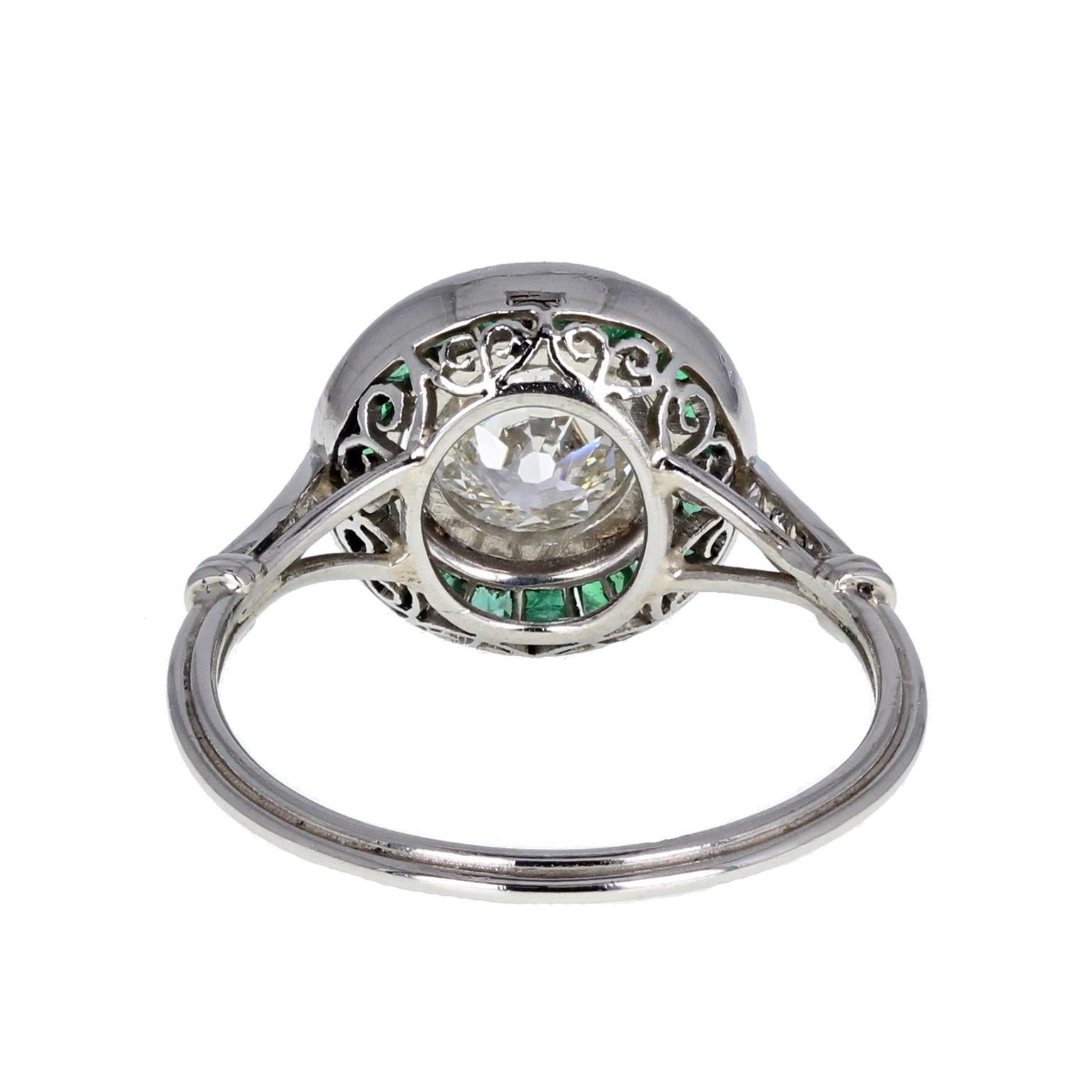 Art Deco Vintage 1930s Old Cut Diamond Emerald Target Cluster Platinum Ring