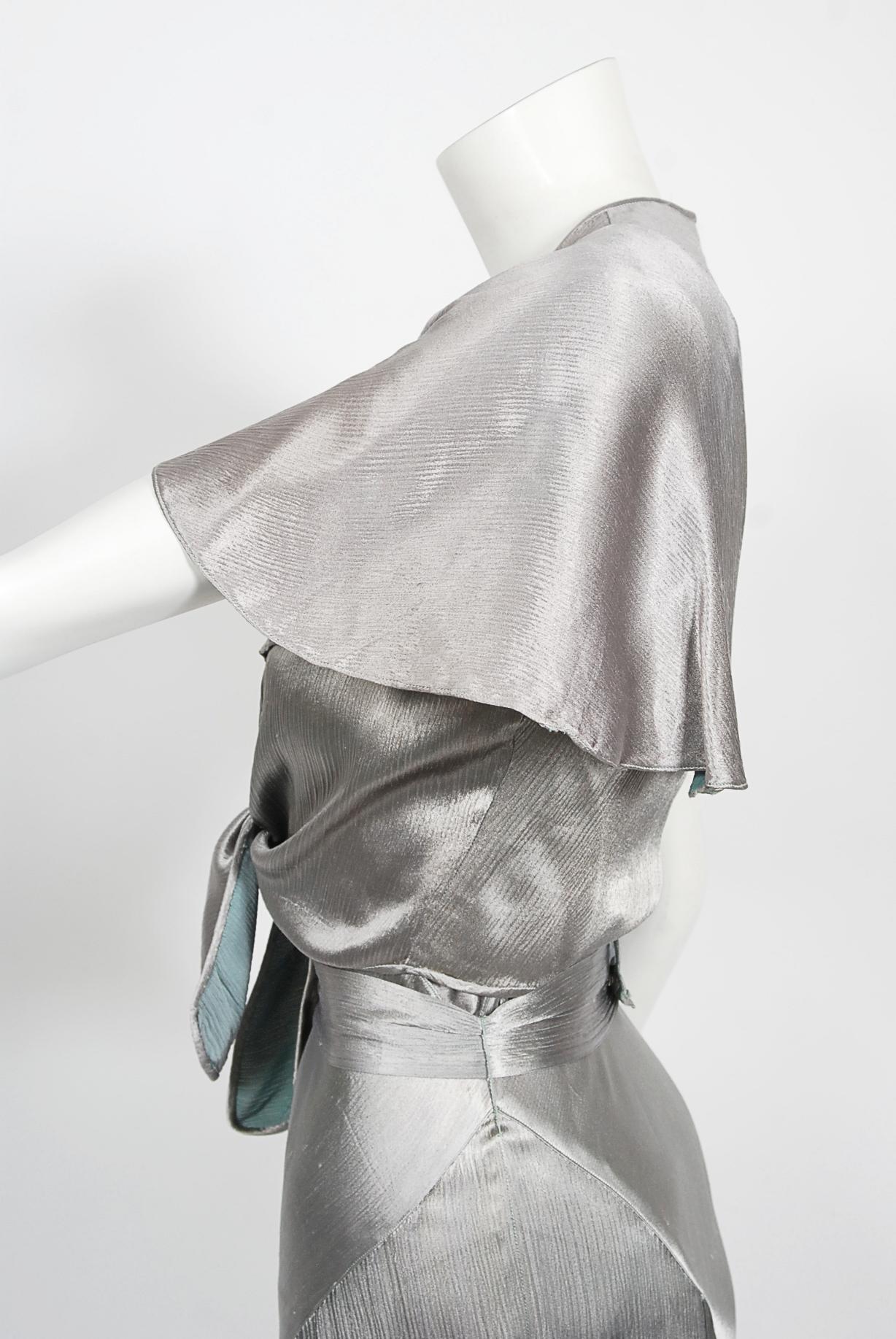 Vintage 1930's Old Hollywood Silver Satin Bias-Cut Gown & Flutter-Sleeve Jacket 6