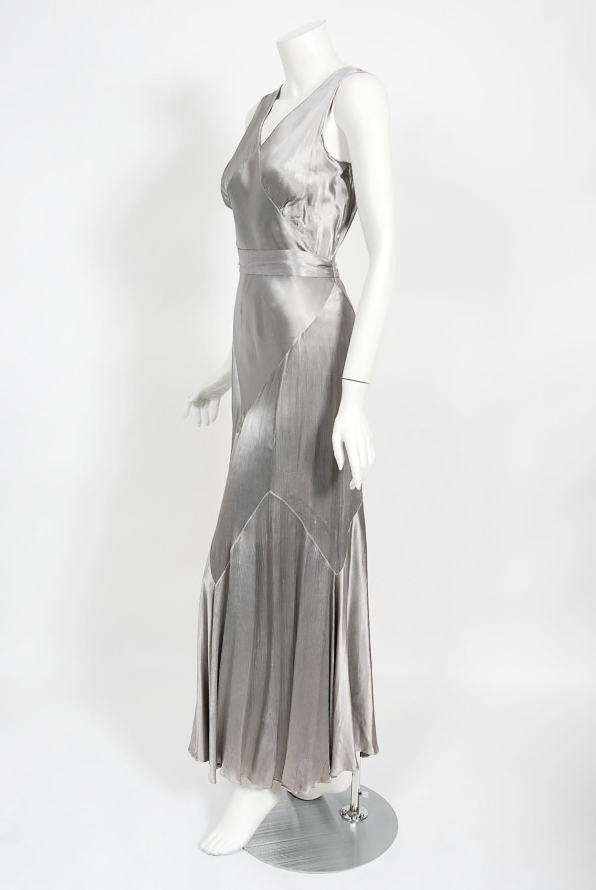 Vintage 1930's Old Hollywood Silver Satin Bias-Cut Gown & Flutter-Sleeve Jacket 7