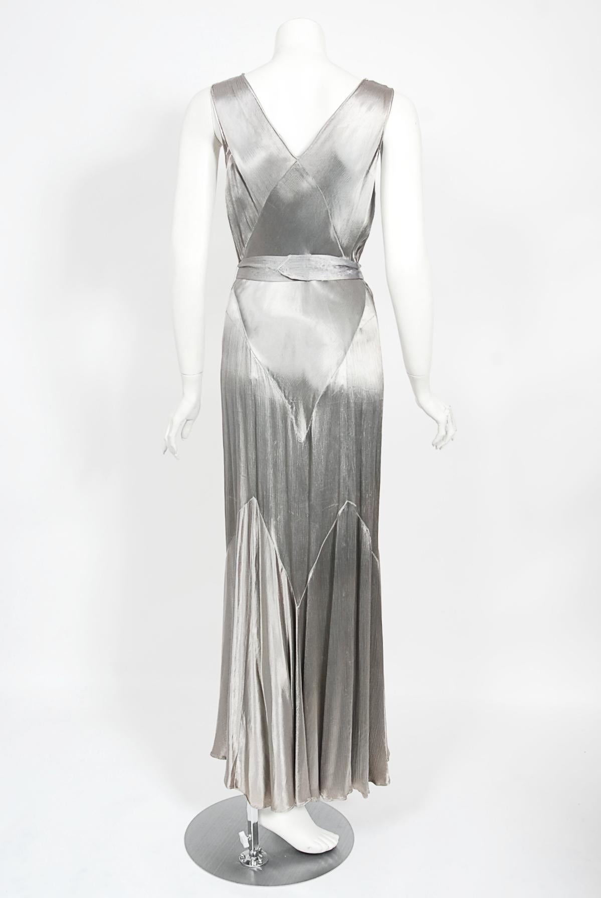 Vintage 1930's Old Hollywood Silver Satin Bias-Cut Gown & Flutter-Sleeve Jacket 9