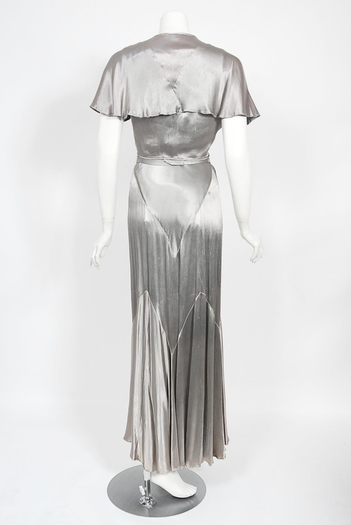 Vintage 1930's Old Hollywood Silver Satin Bias-Cut Gown & Flutter-Sleeve Jacket 10