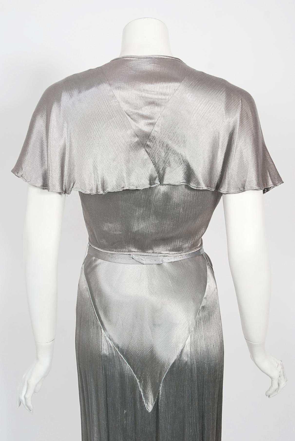 Vintage 1930's Old Hollywood Silver Satin Bias-Cut Gown & Flutter-Sleeve Jacket 11