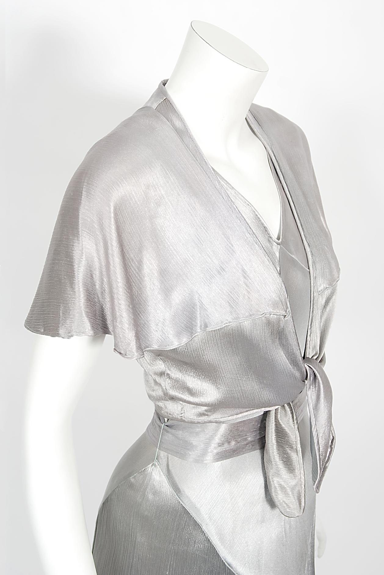 Women's Vintage 1930's Old Hollywood Silver Satin Bias-Cut Gown & Flutter-Sleeve Jacket