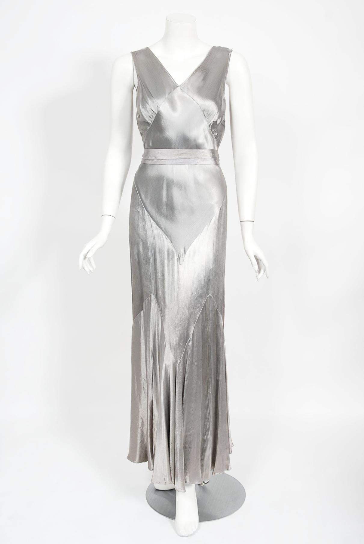 Vintage 1930's Old Hollywood Silver Satin Bias-Cut Gown & Flutter-Sleeve Jacket 1