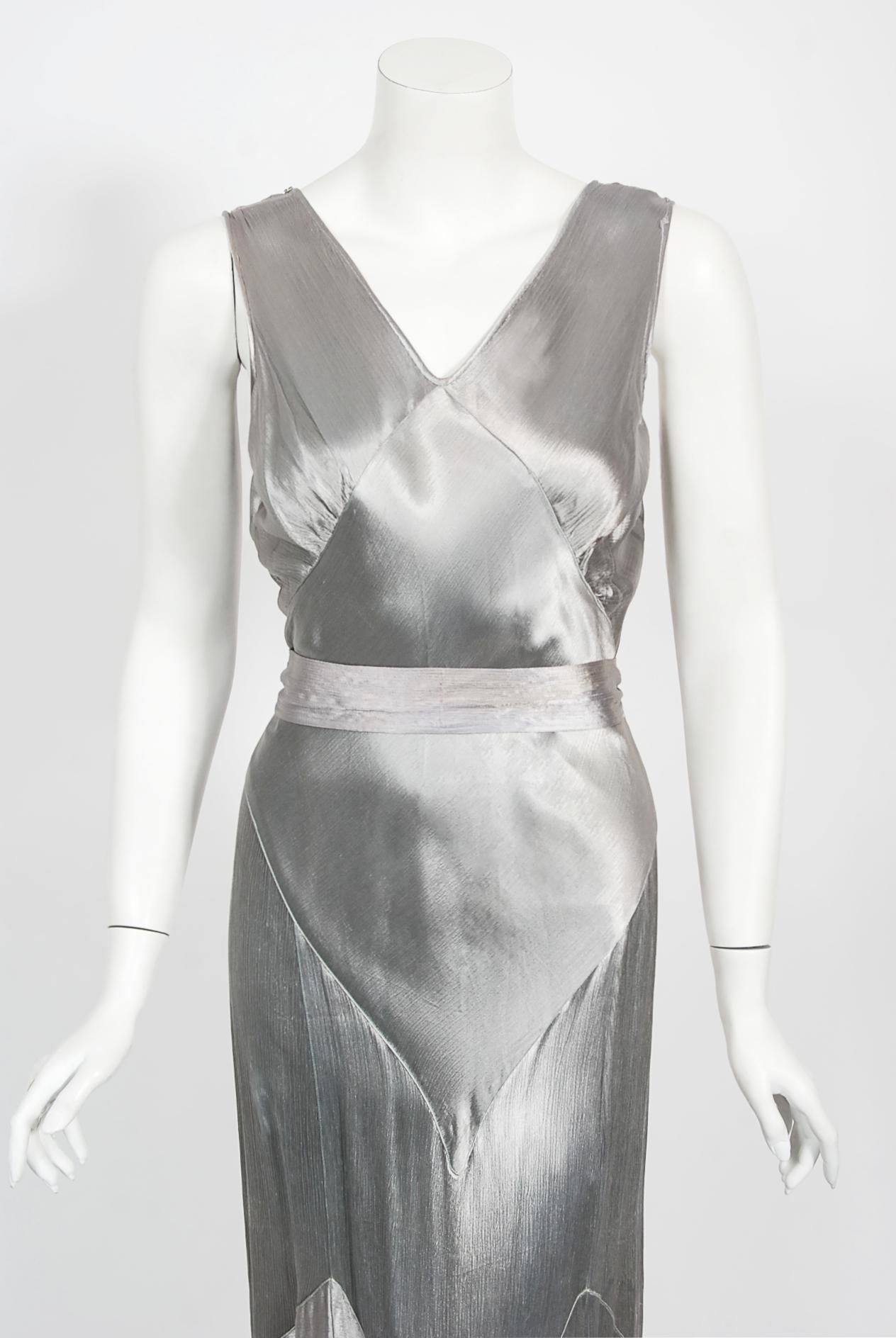 Vintage 1930's Old Hollywood Silver Satin Bias-Cut Gown & Flutter-Sleeve Jacket 2