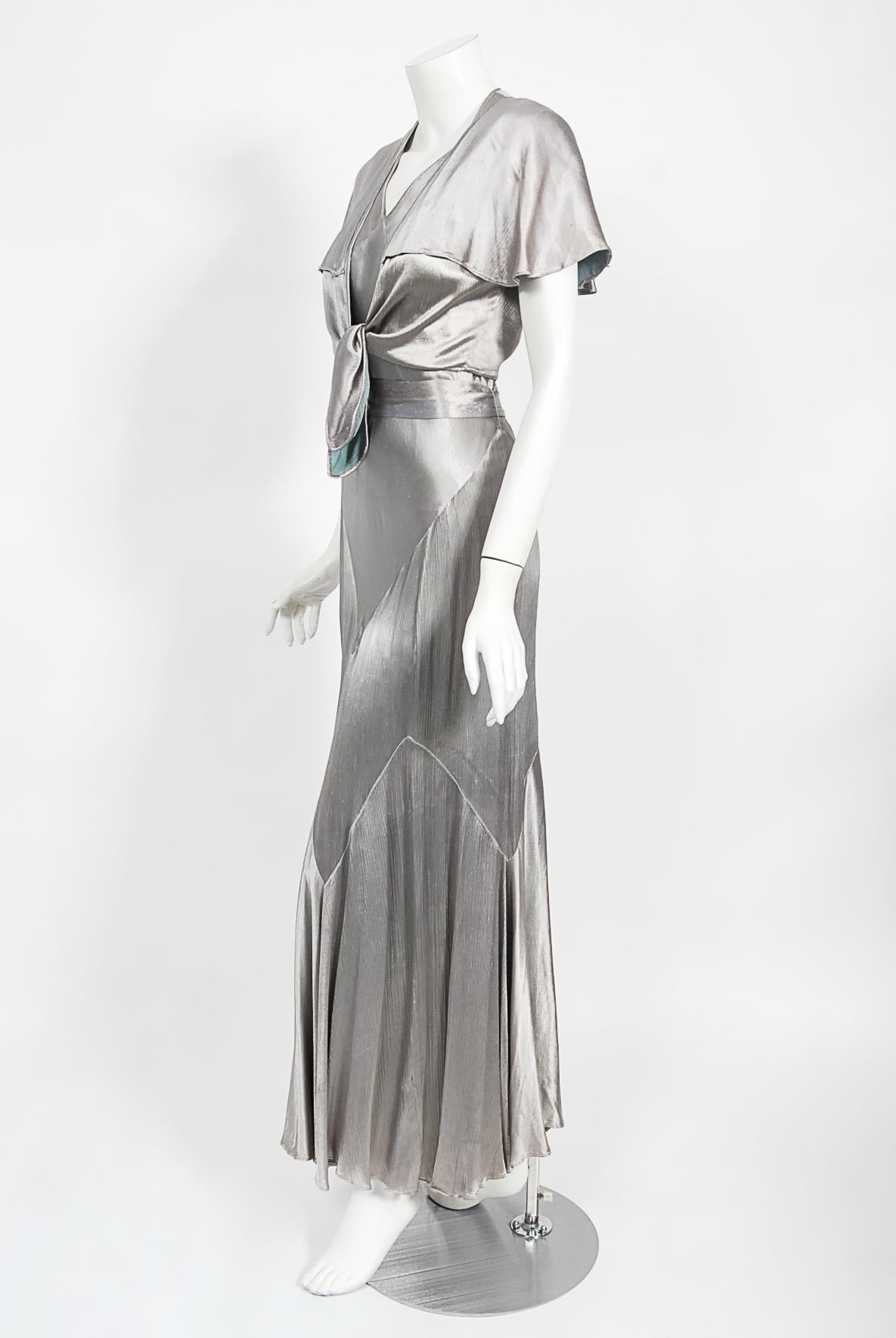 Vintage 1930's Old Hollywood Silver Satin Bias-Cut Gown & Flutter-Sleeve Jacket 4