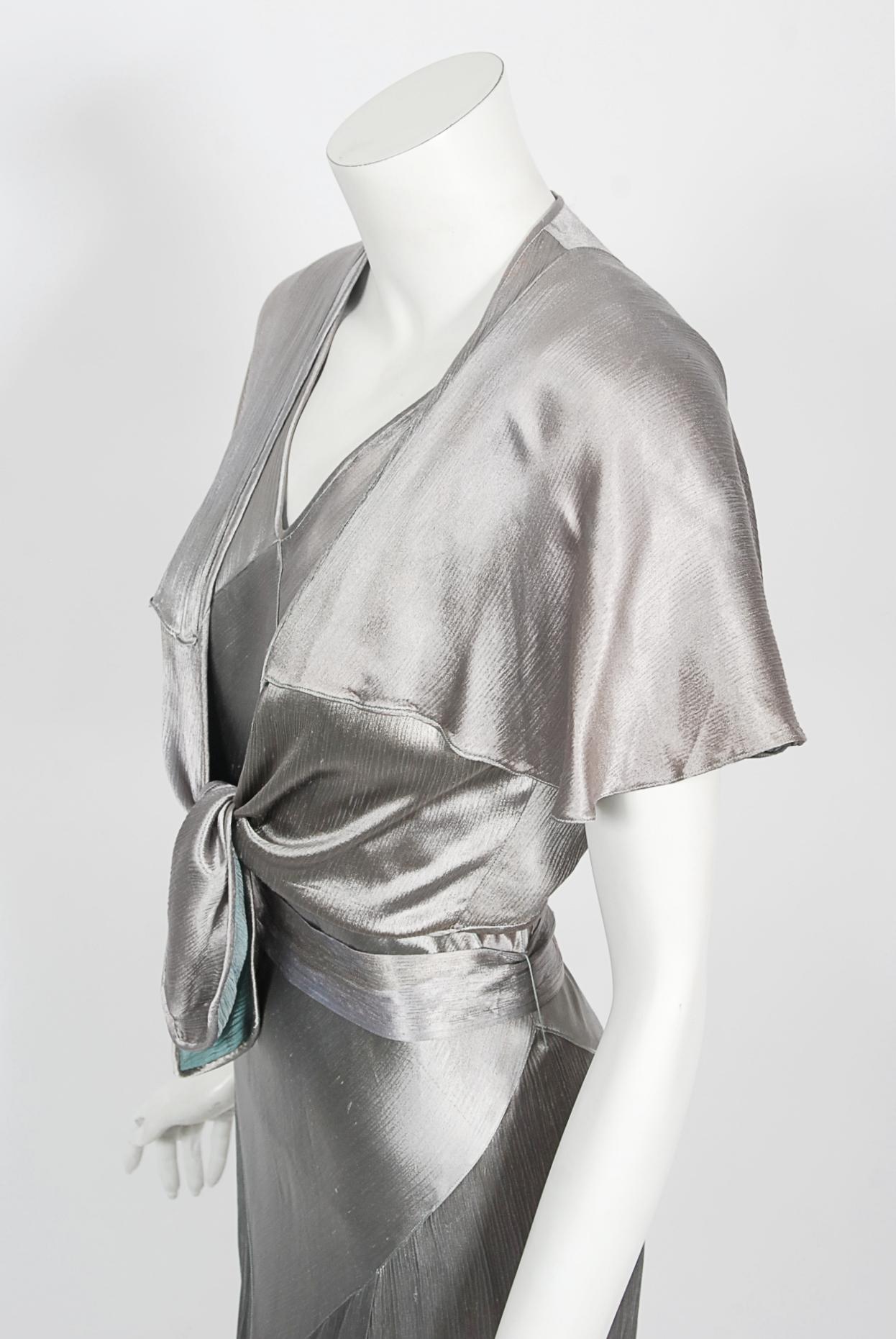 Vintage 1930's Old Hollywood Silver Satin Bias-Cut Gown & Flutter-Sleeve Jacket 5