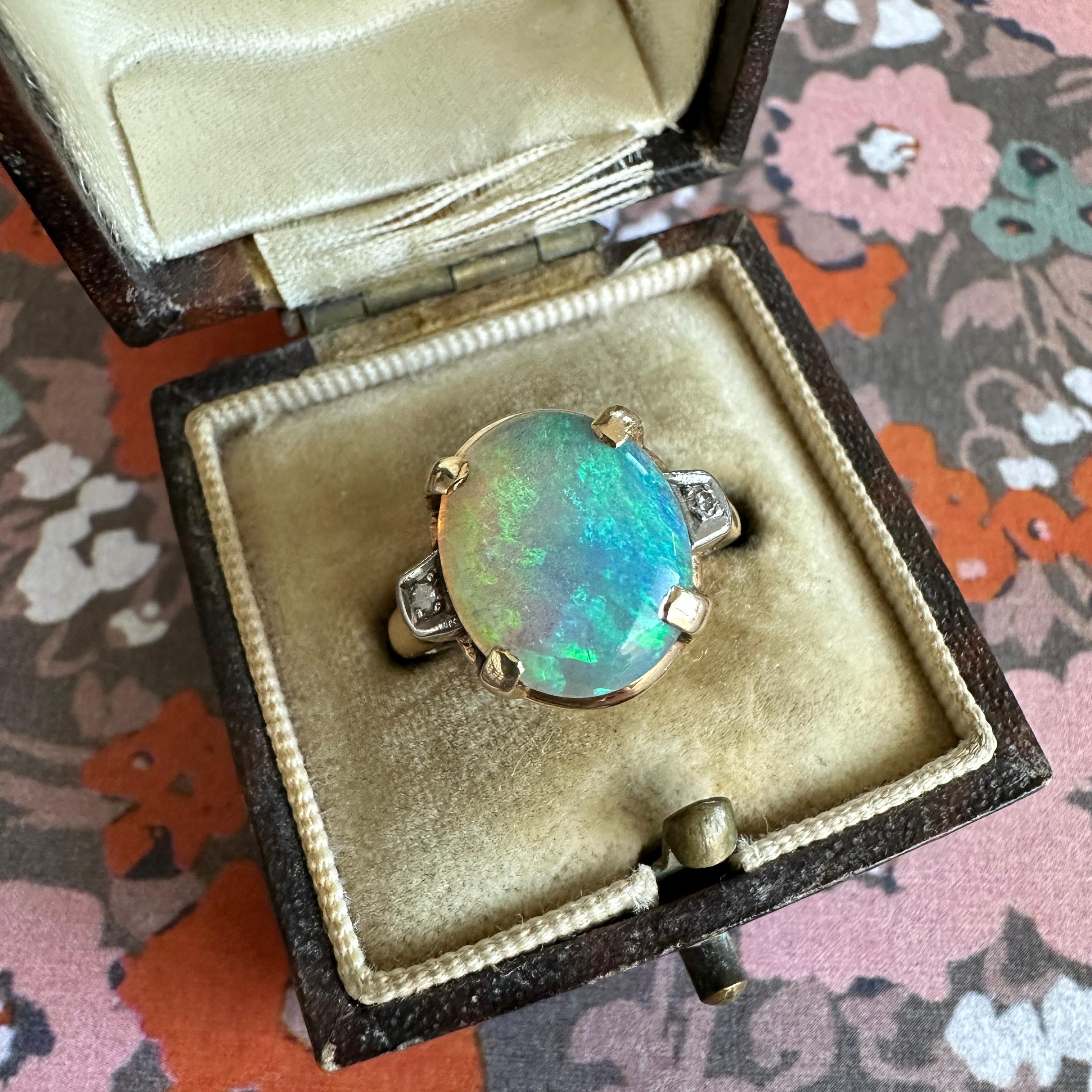 Vintage 1930's Opal Diamond 14K Gold Ring 6