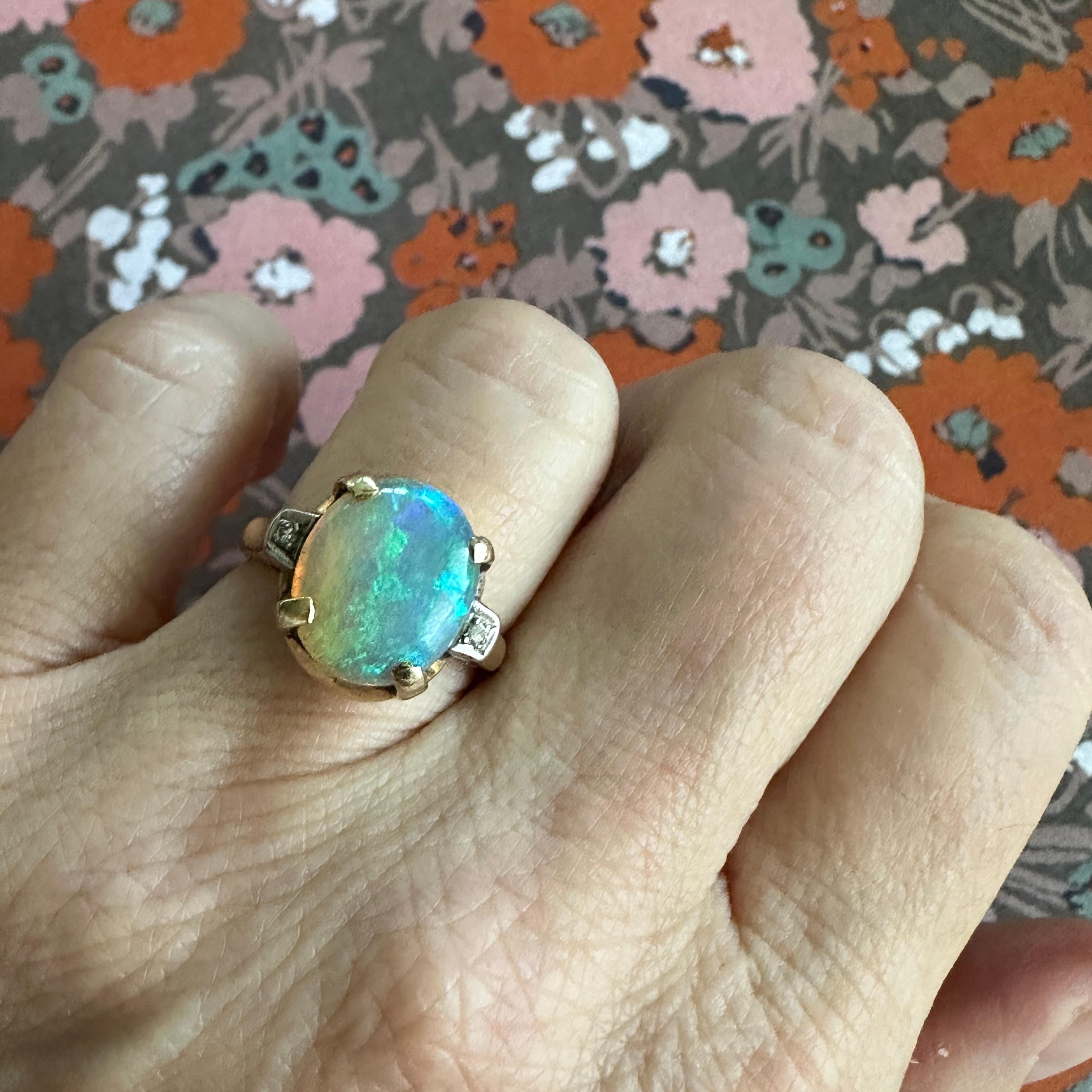 Vintage 1930's Opal Diamond 14K Gold Ring 9