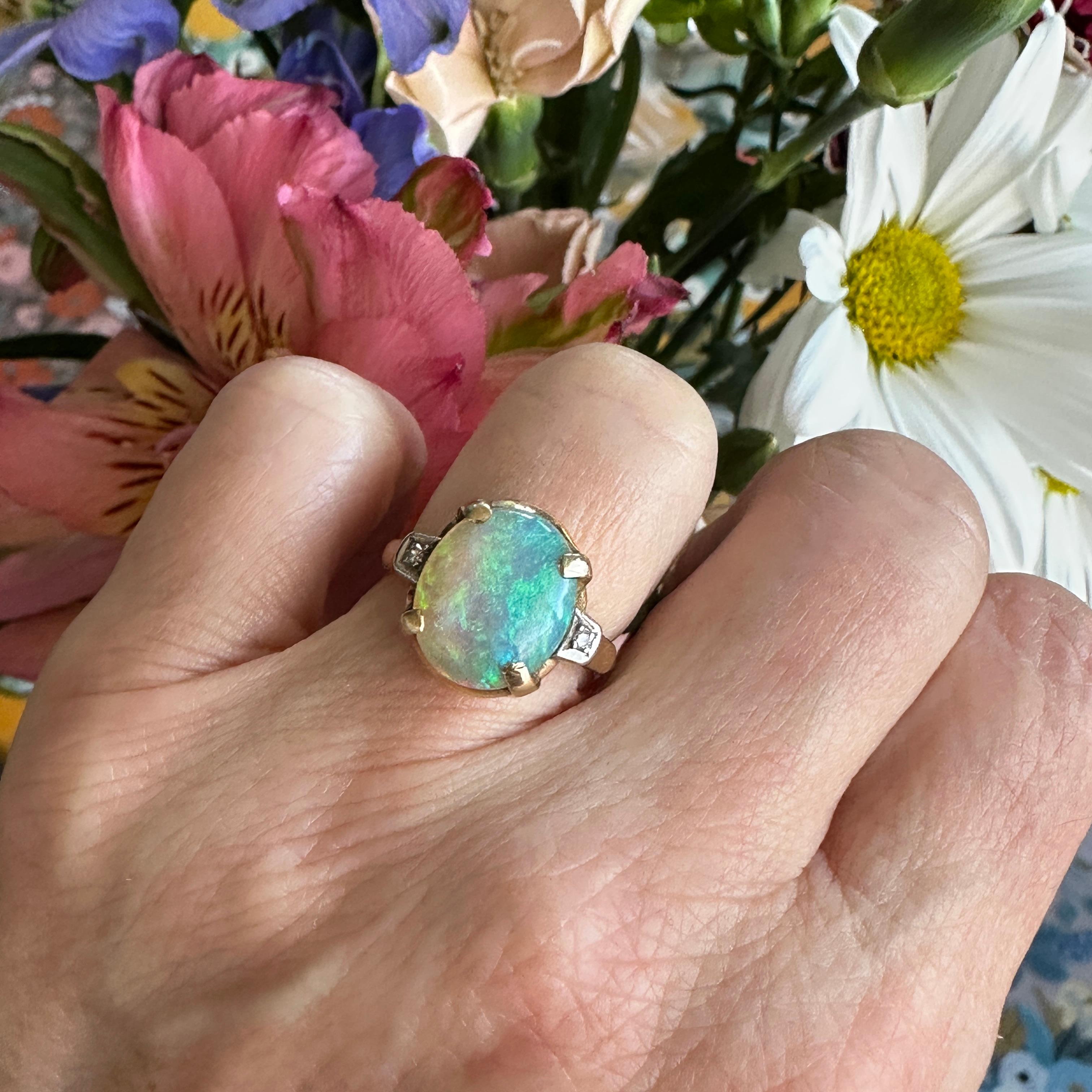 Art Deco Vintage 1930's Opal Diamond 14K Gold Ring