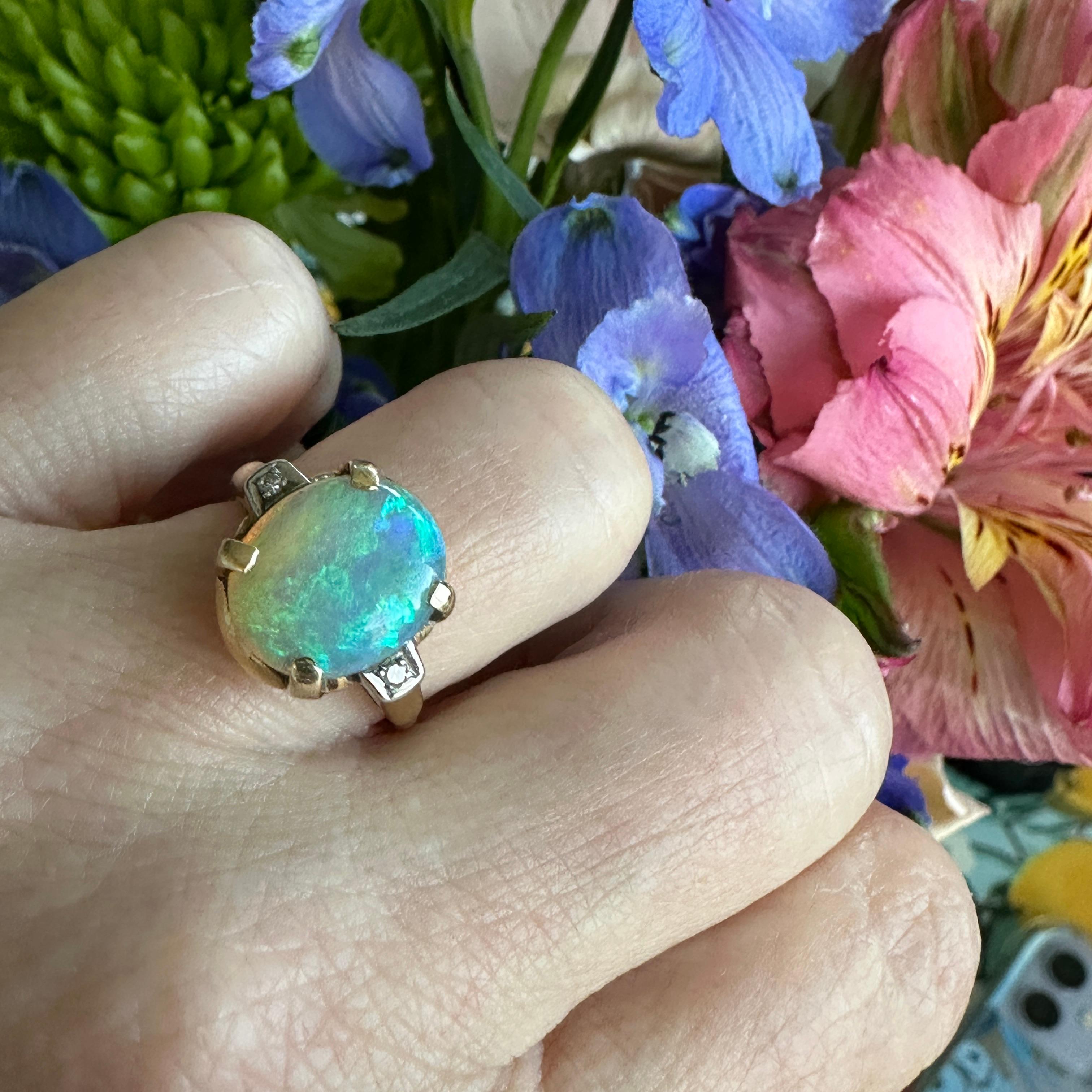Cabochon Vintage 1930's Opal Diamond 14K Gold Ring