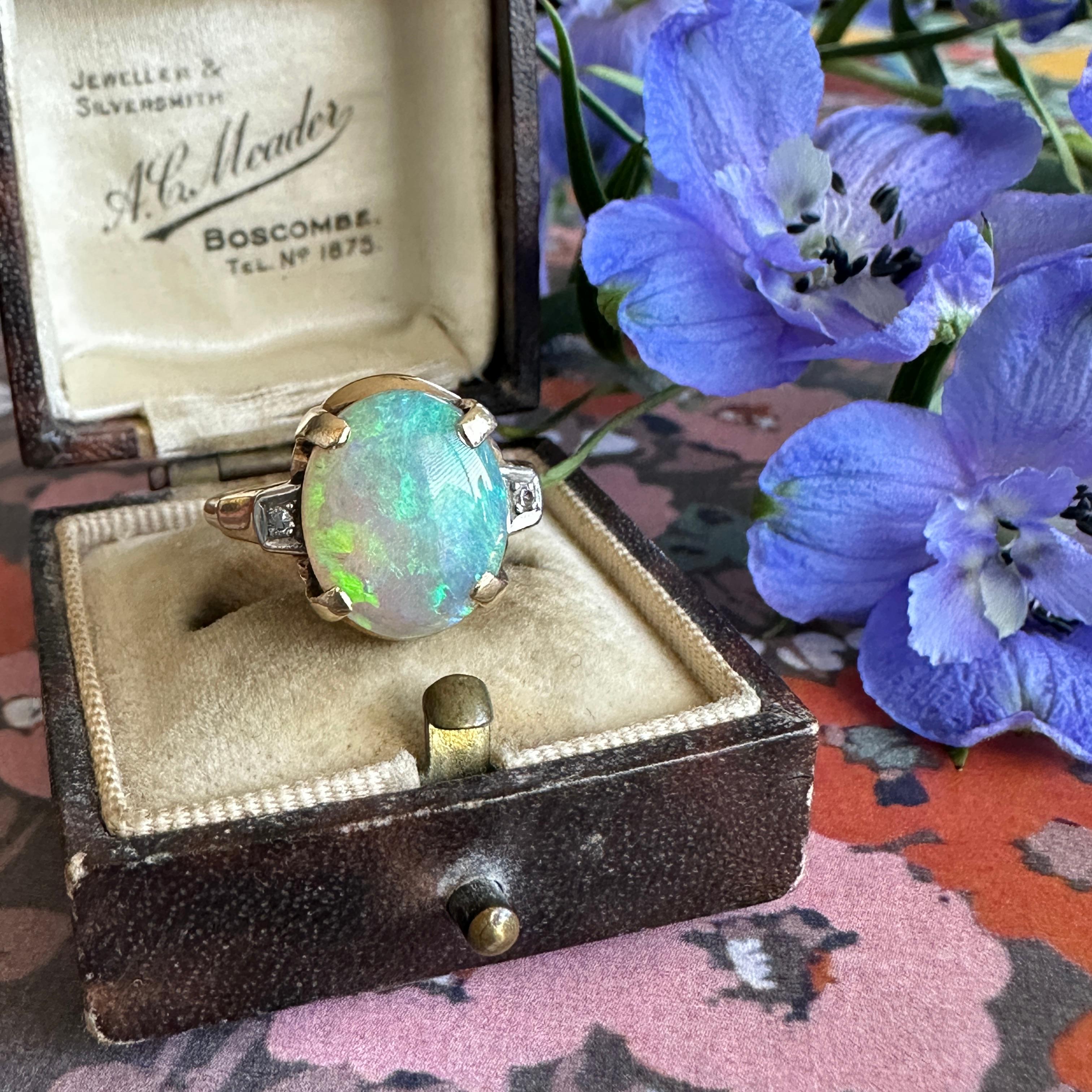 Vintage 1930's Opal Diamond 14K Gold Ring In Good Condition In Scotts Valley, CA