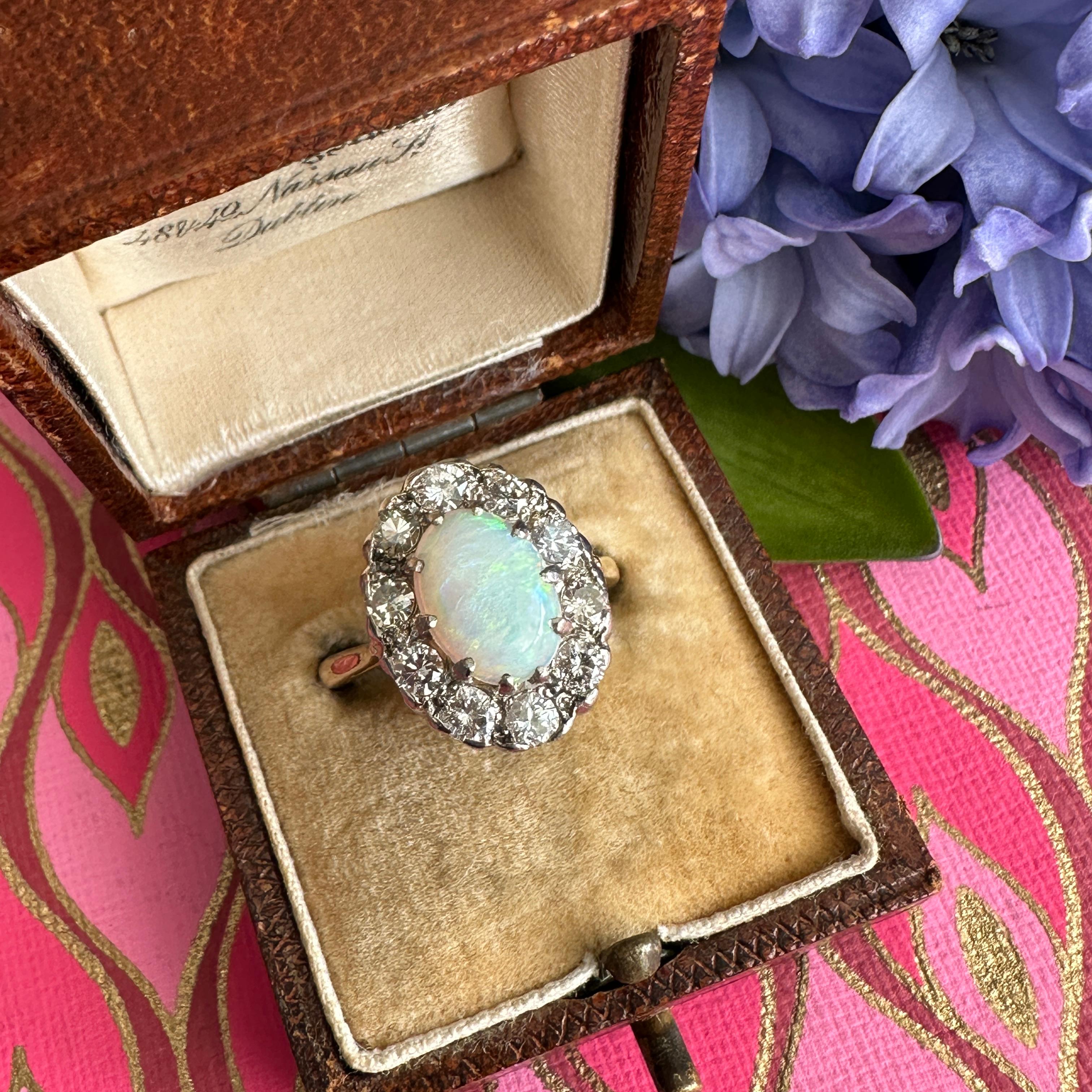 Vintage 1930's Opal Diamond Halo 18K Ring For Sale 4